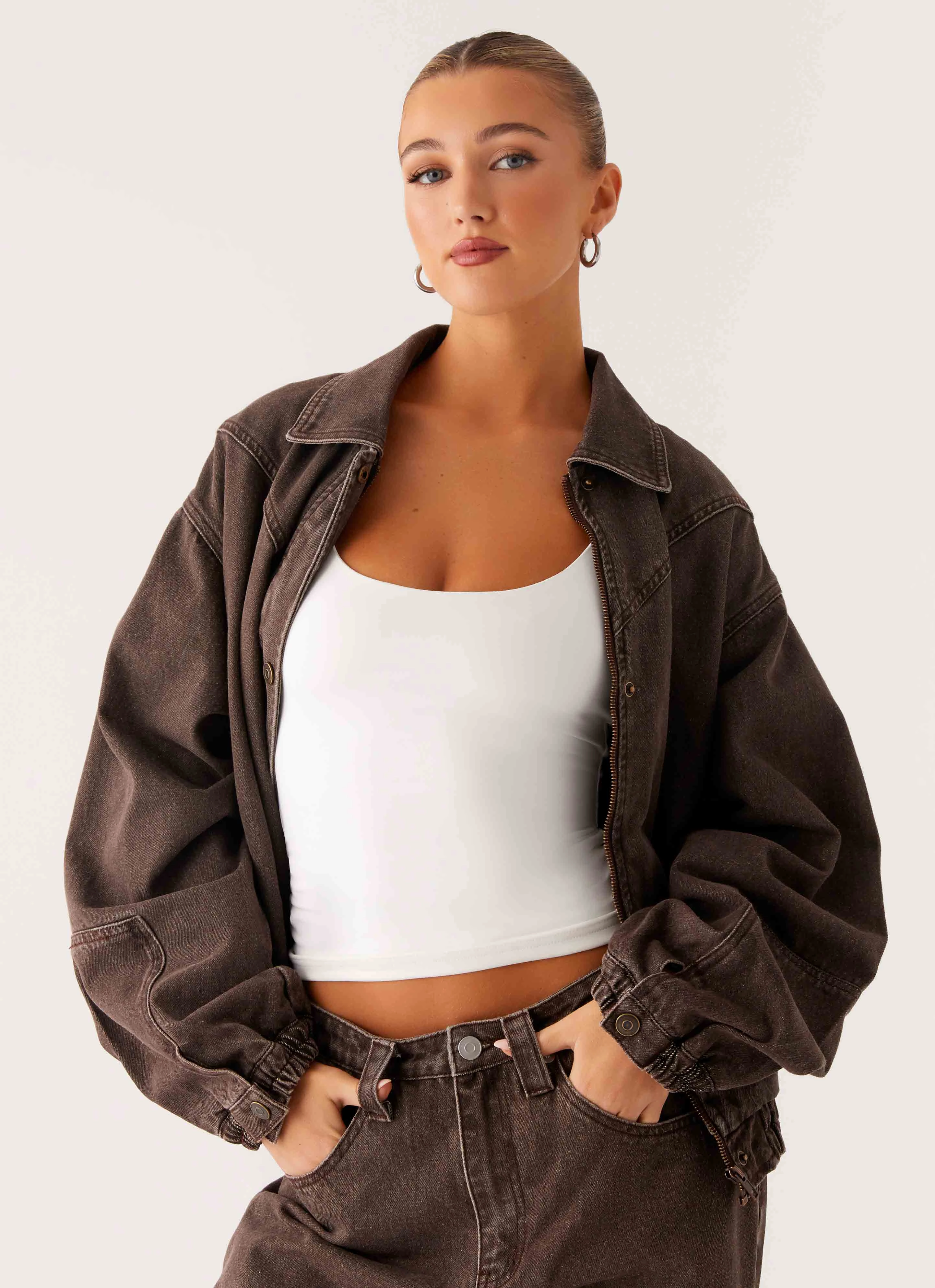 Midwest Washed Denim Bomber Jacket - Light Wash Chocolate Day-to-evening dress Modest Cut