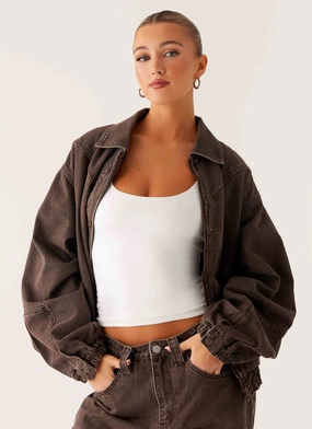 Midwest Washed Denim Bomber Jacket - Light Wash Chocolate Day-to-evening dress Modest Cut