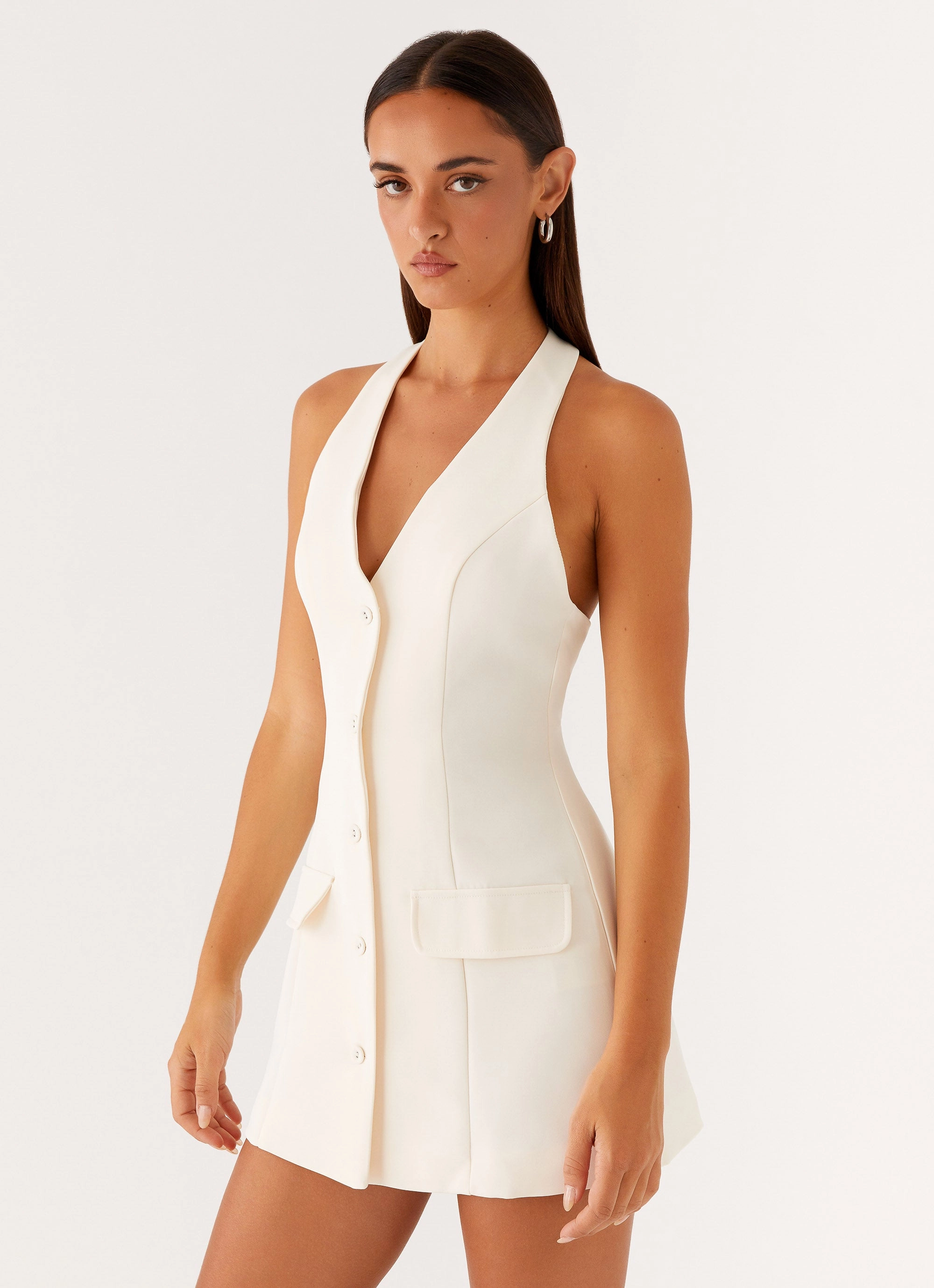 Mira Halter Neck Mini Dress - Ivory Gentle Texture