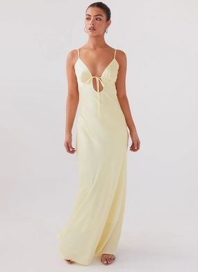 Flora Satin Maxi Dress - Lemon Romantic Vibes Edge Detail