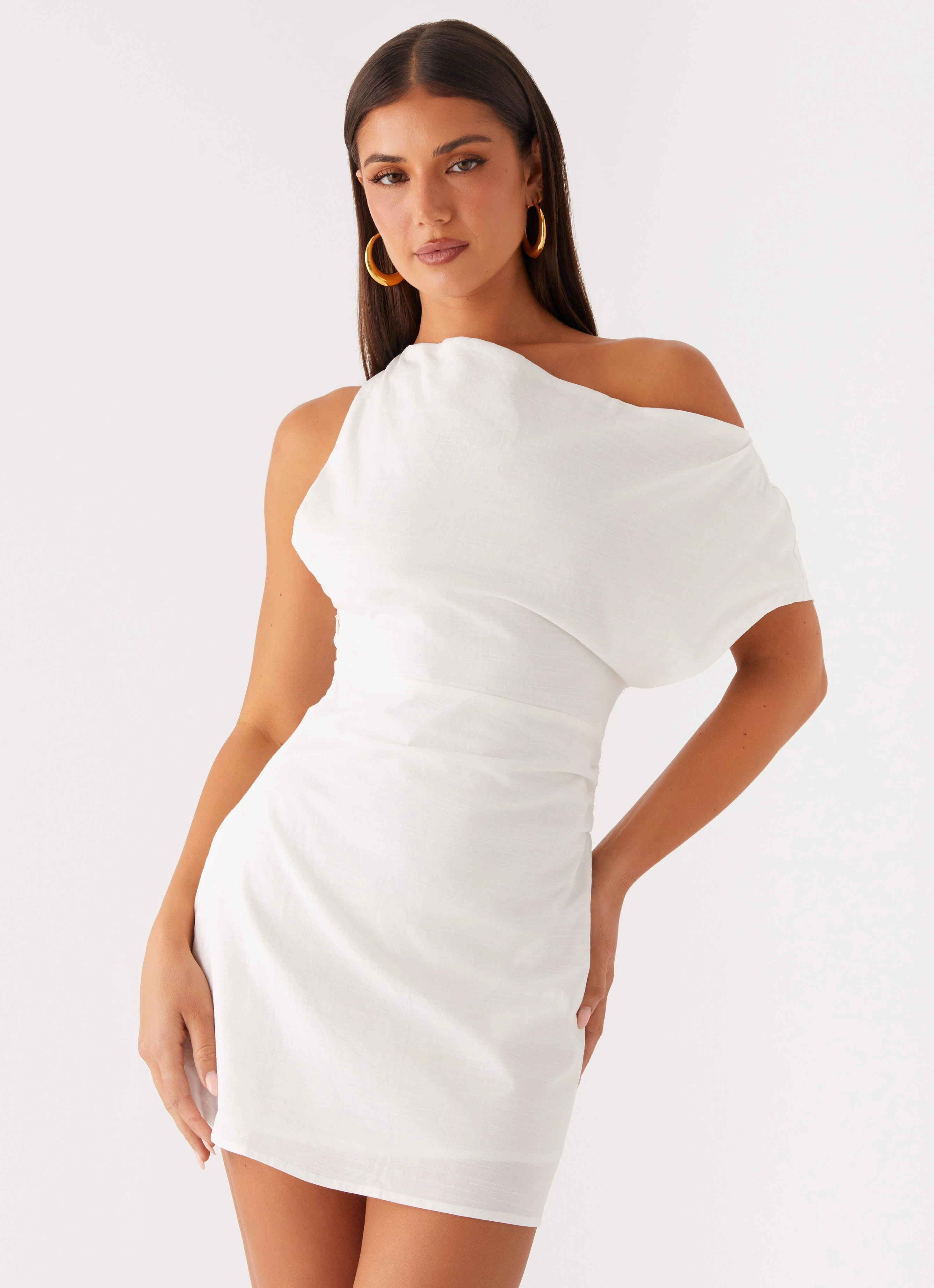Soft Tone Fashion Layers Moonlight Oasis Asymmetrical Mini Dress - Off White