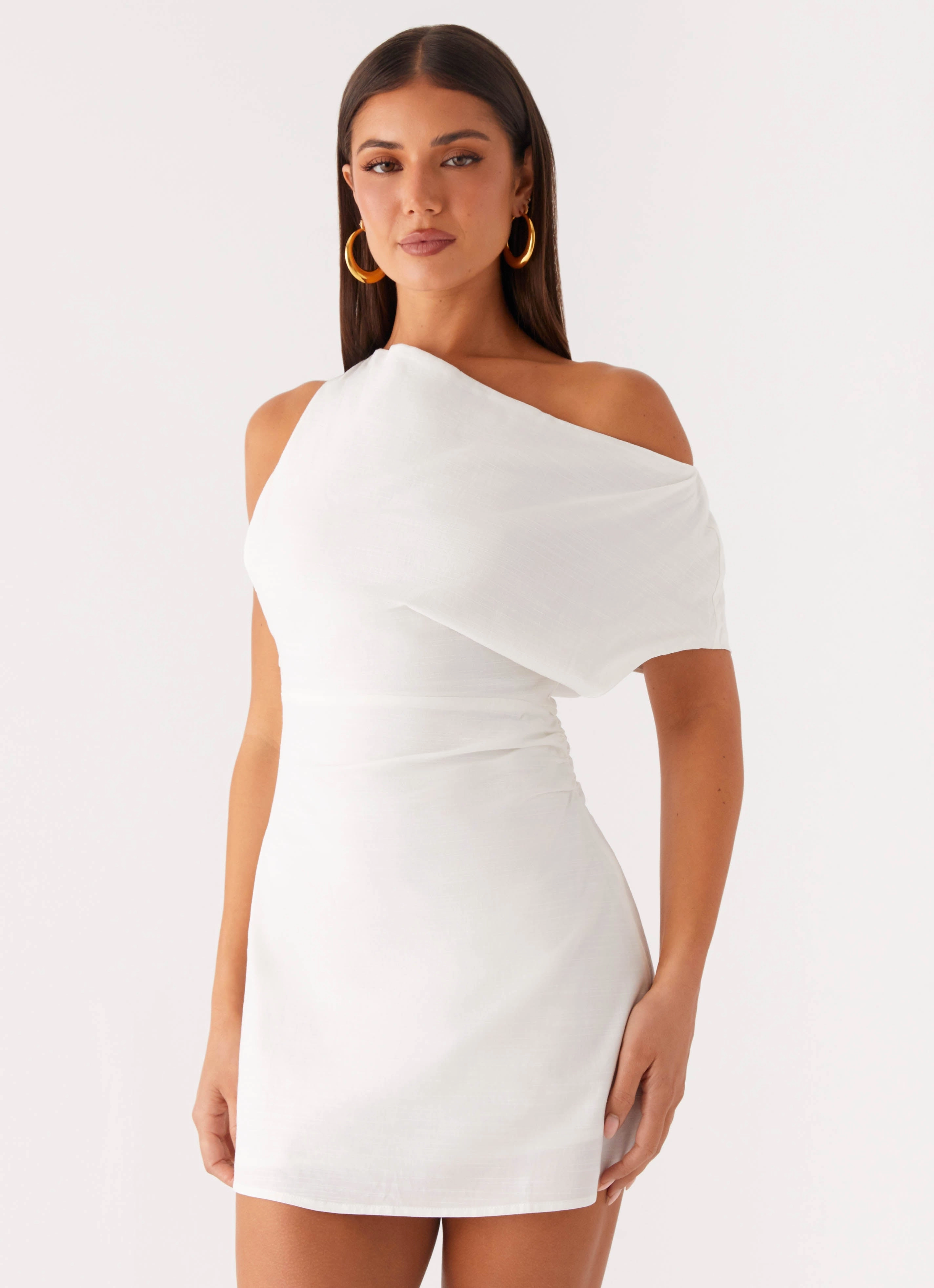 Moonlight Oasis Asymmetrical Mini Dress - Off White Light material