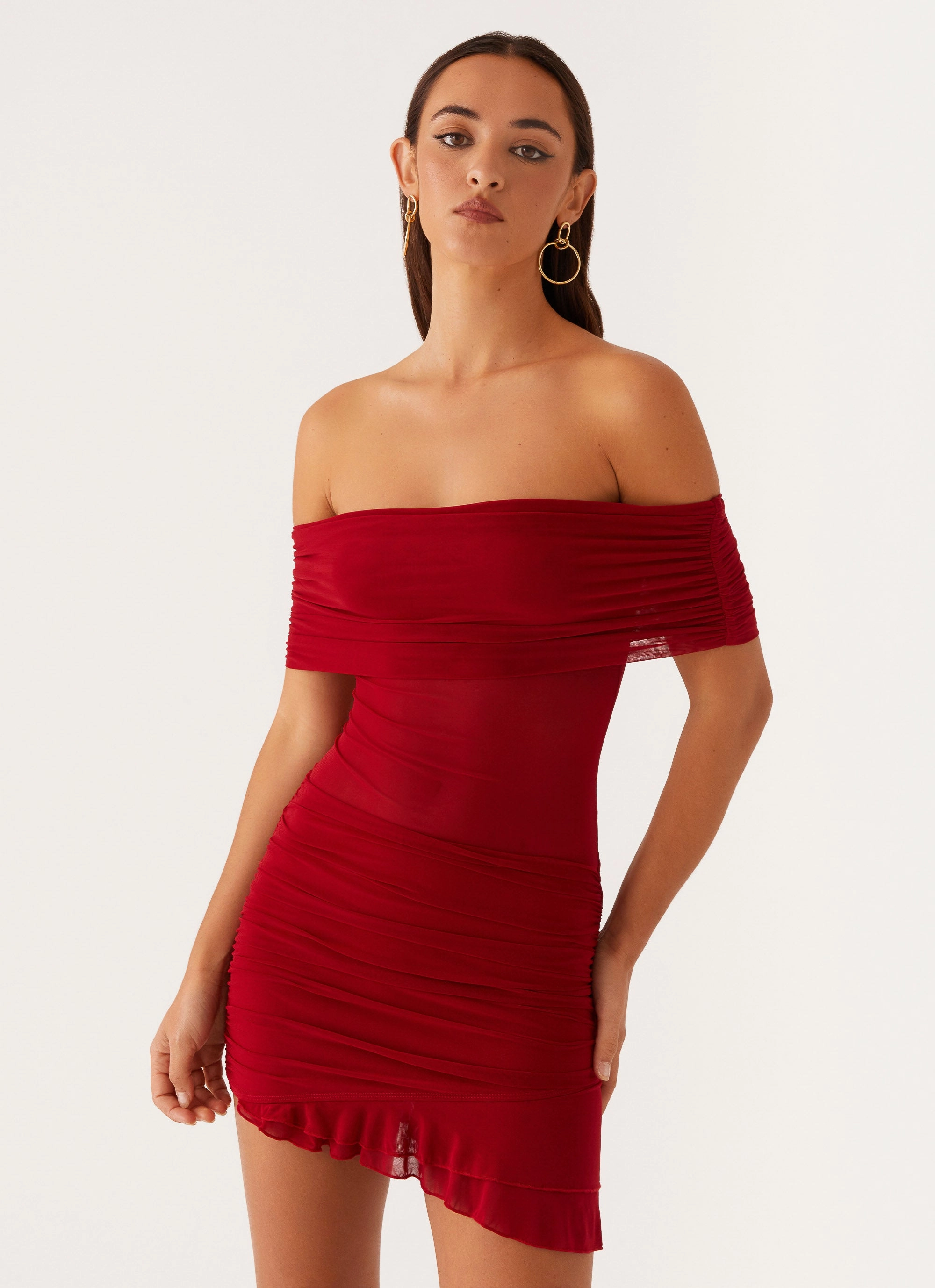 Nelly Off Shoulder Mini Dress - Deep Red Summer Friendly Evening Look