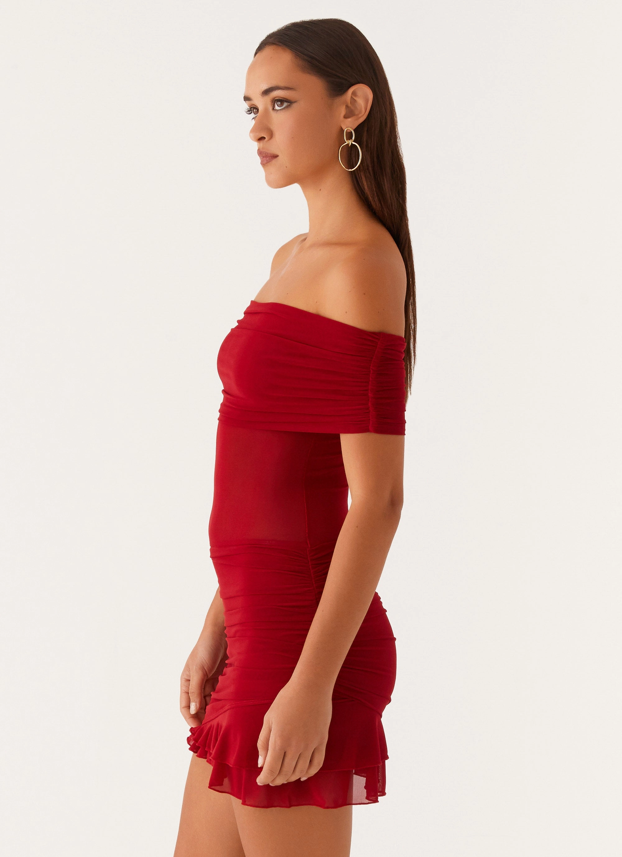 Nelly Off Shoulder Mini Dress - Deep Red Chic Comfort Wear