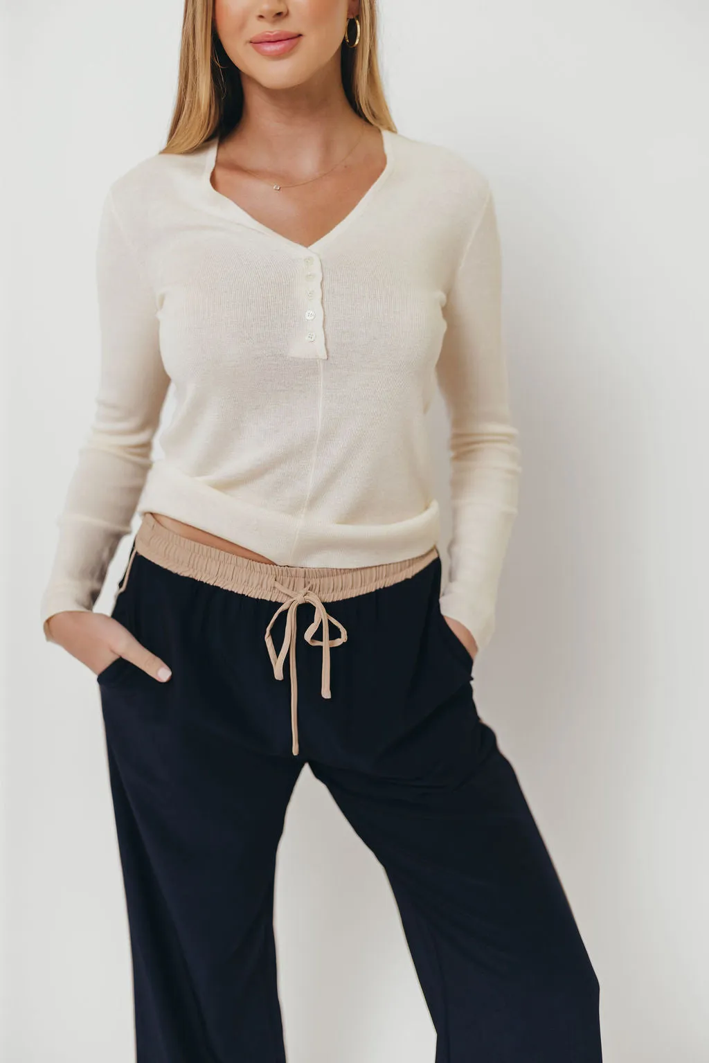 Whittier V-Neck Button Closure Knit Top in Ivory Multi Panel