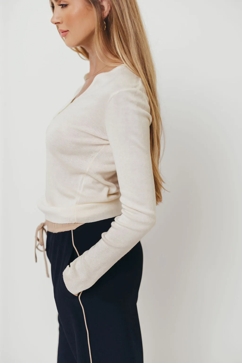 Whittier V-Neck Button Closure Knit Top in Ivory Interlock Weave HandLinked Seams