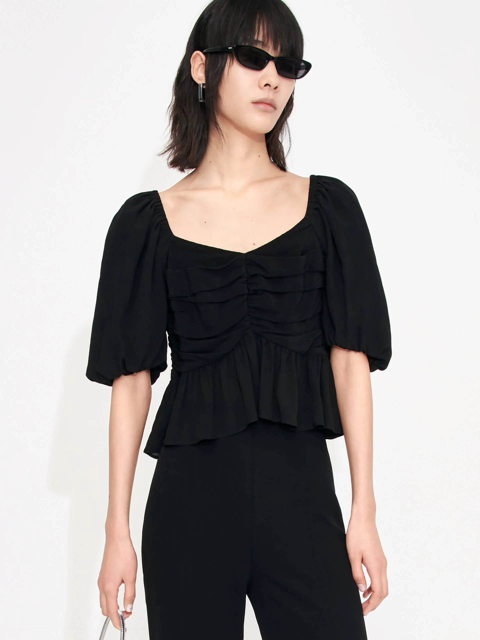 Non Restrictive Fit Pleated Detail Silk Top