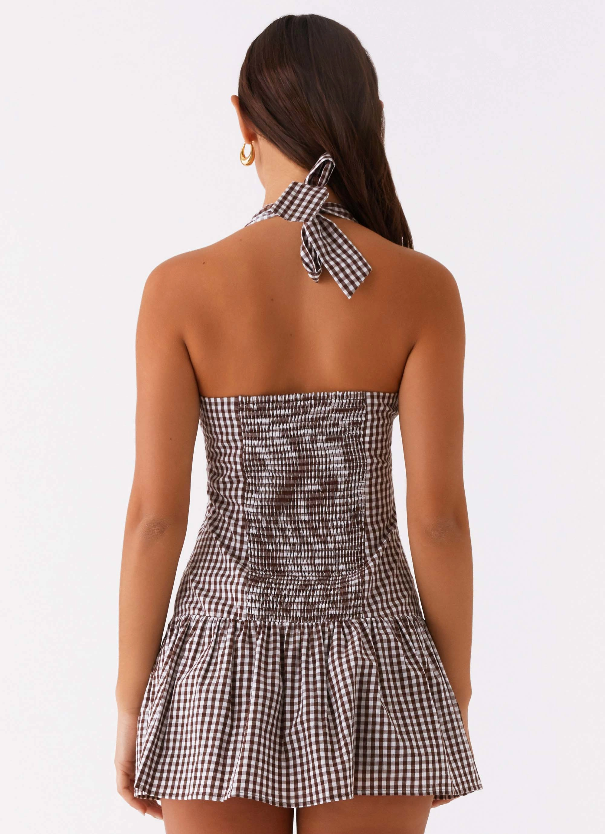 New Look Shirred Halter Mini Dress - Chocolate Gingham Draped Silhouette