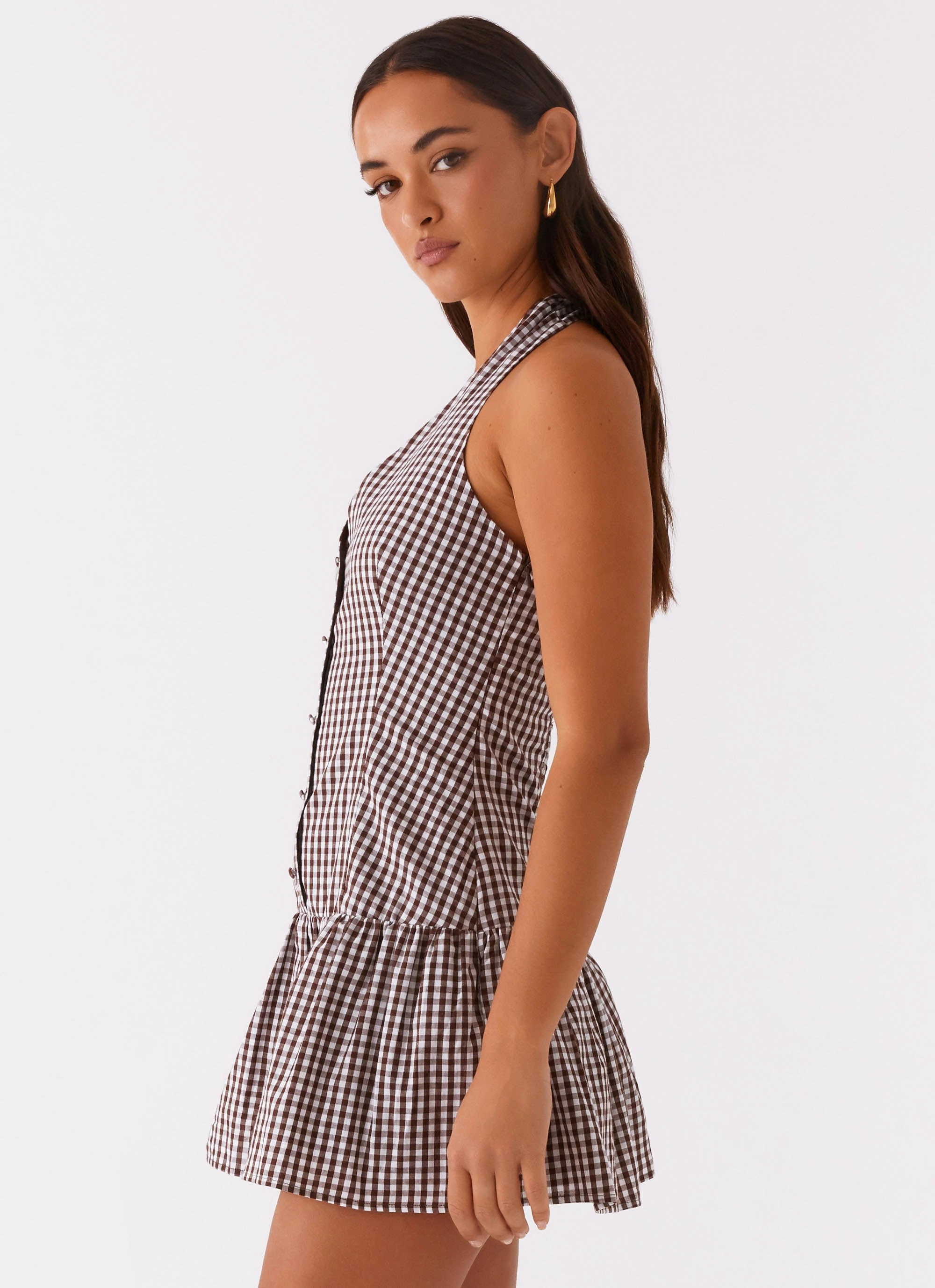 Lightweight Piece New Look Shirred Halter Mini Dress - Chocolate Gingham