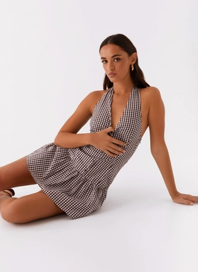 New Look Shirred Halter Mini Dress - Chocolate Gingham Elegant Wearable Daily Movement