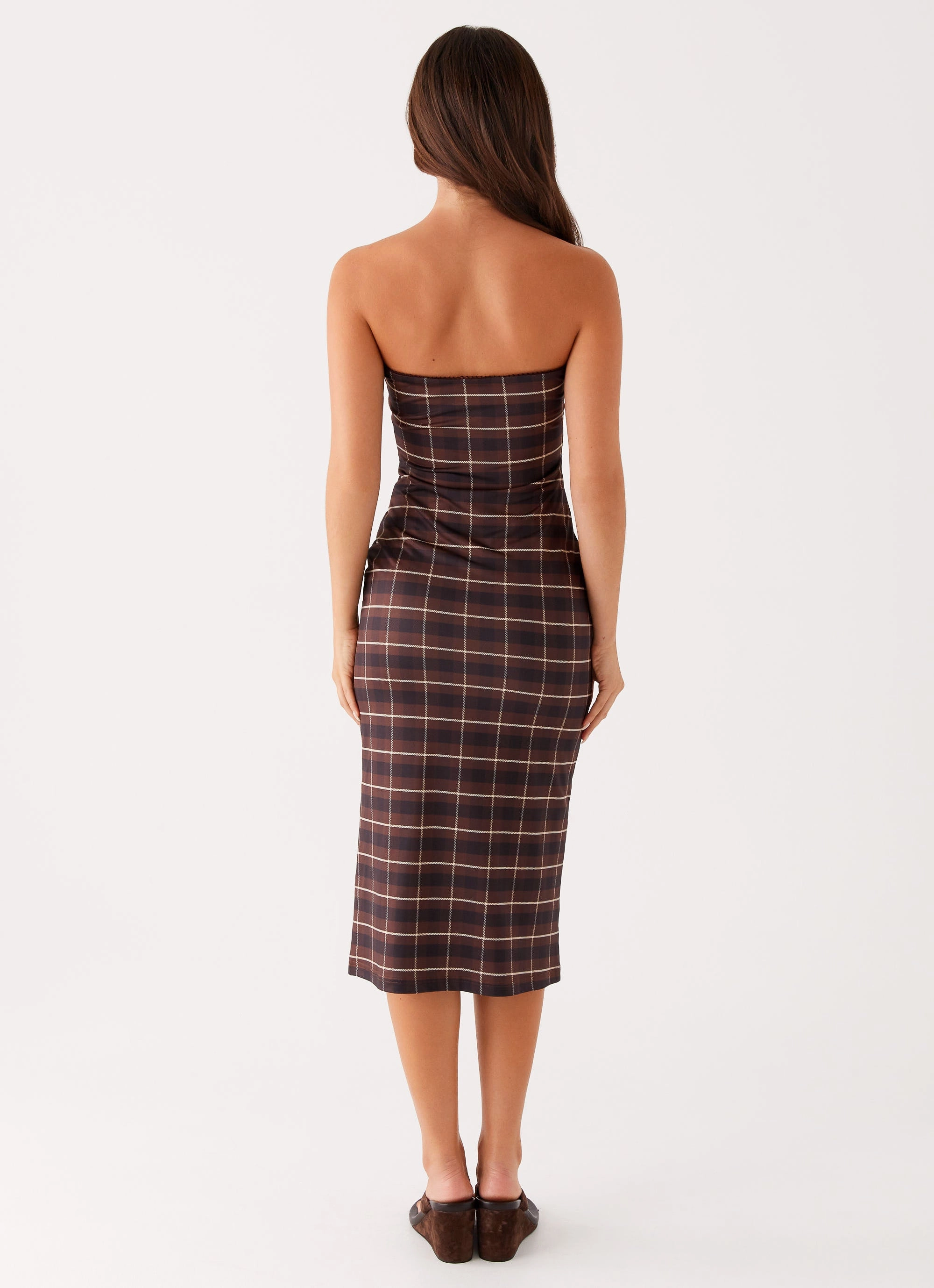 Silky Mood Niko Strapless Midi Dress - Brown Black Check
