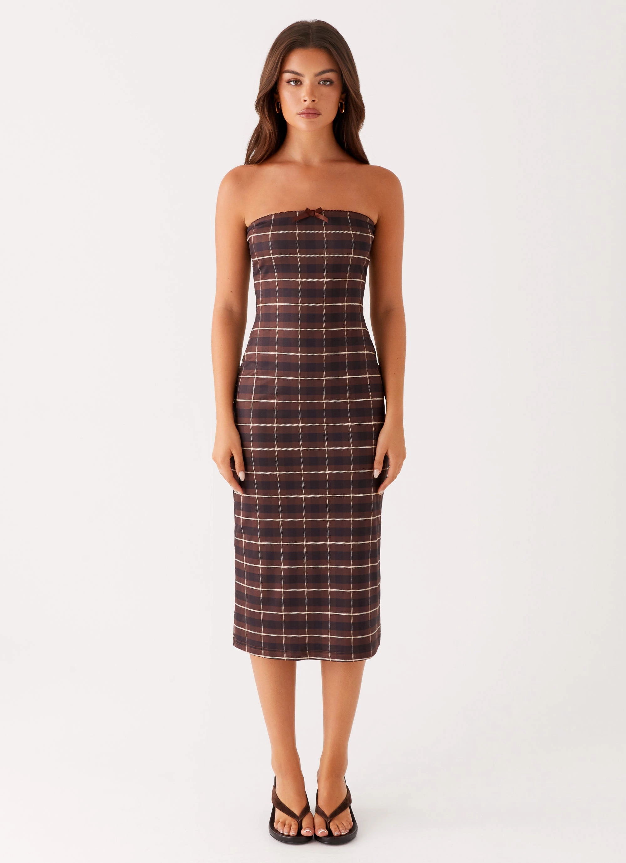 Niko Strapless Midi Dress - Brown Black Check Lounge Texture Everyday-Use