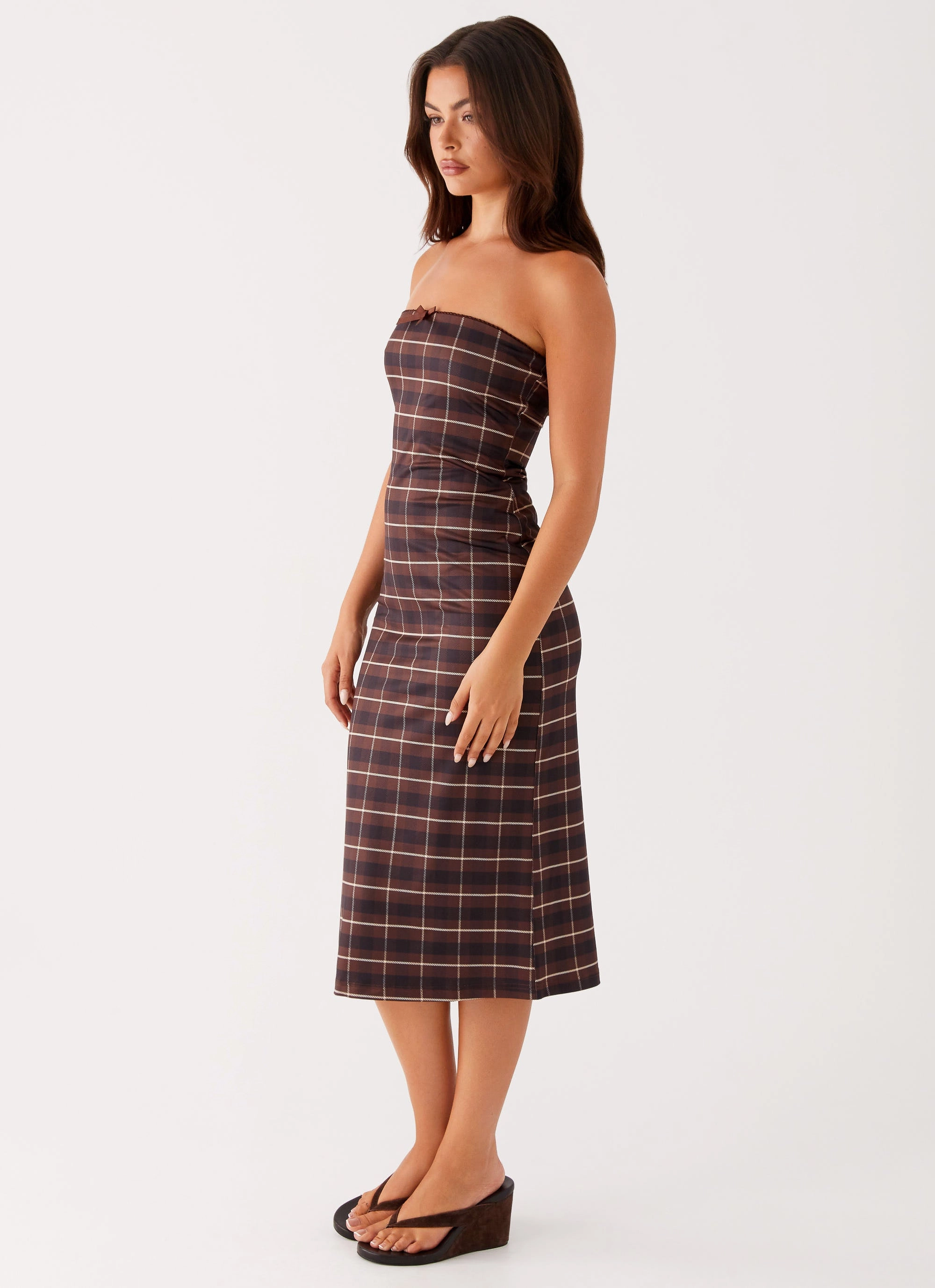Slit Detail Niko Strapless Midi Dress - Brown Black Check