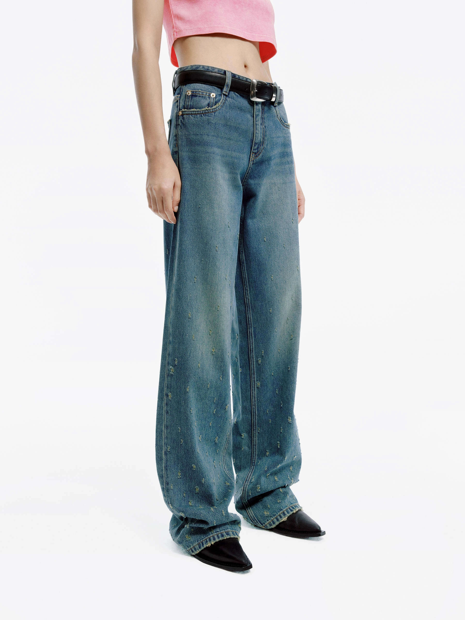 Distressed Detail Straight Jeans Street Fashion Affordable