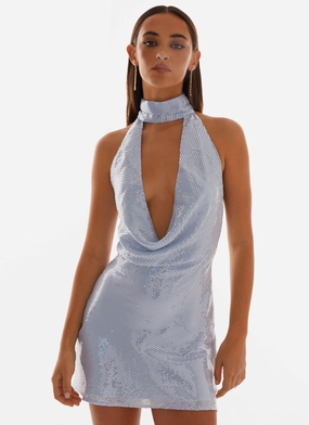 Simplistic Mood Nora Sequin Cowl Neck Mini Dress - Blue