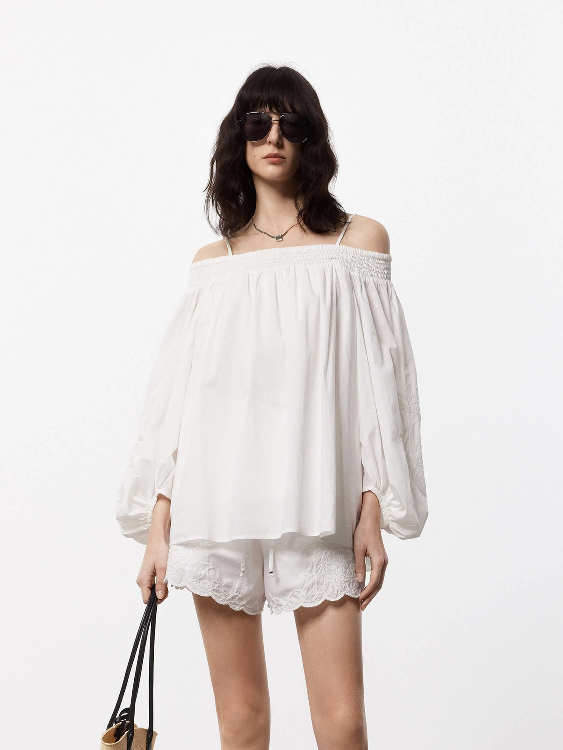 Vintage Style V-neck style Off Shoulder Cotton Blouse