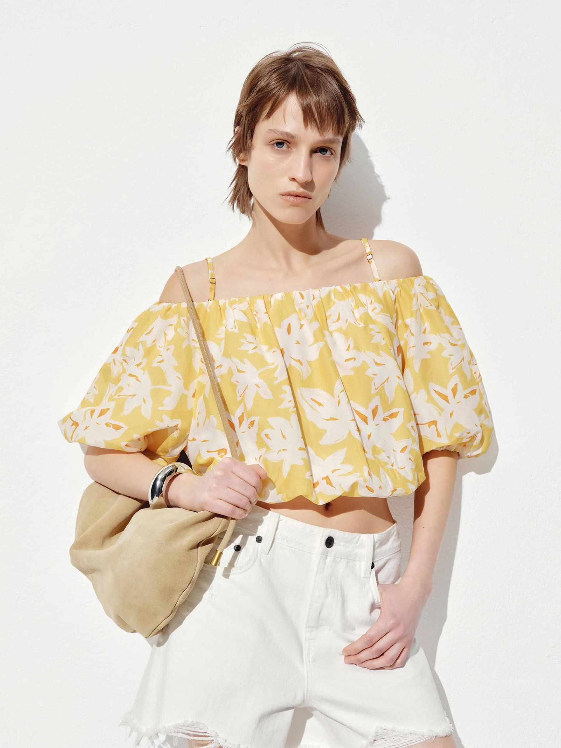 Off-shoulder Flower Print Top Anti Cling Fabric