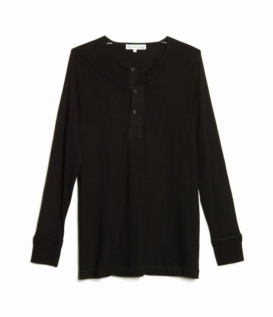 Merz b. Schwanen 102 Lightweight Long Sleeve Henley - Deep Black Comfy Waistband
