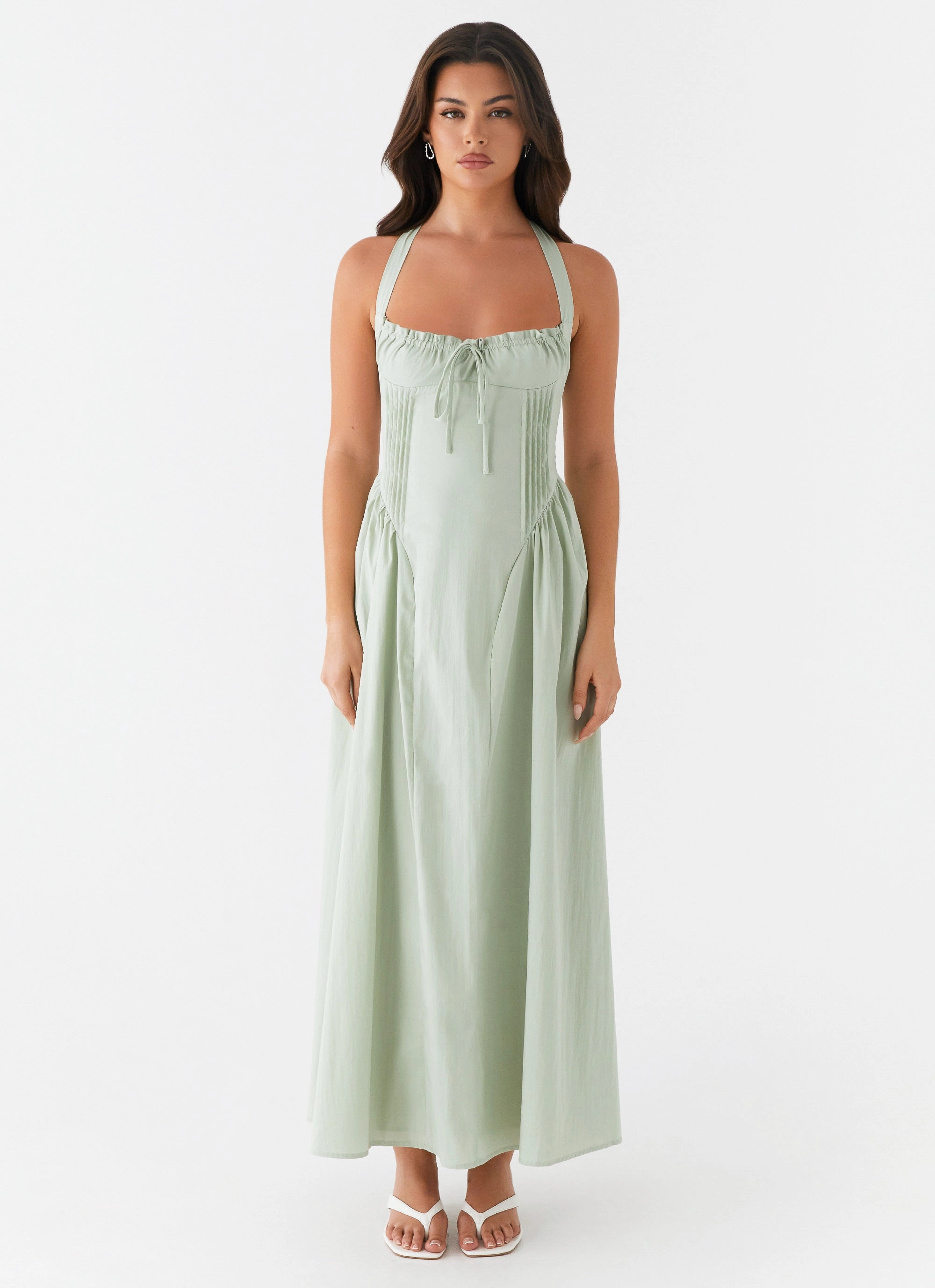 Slit-Hem Olenna Halterneck Midi Dress - Sage