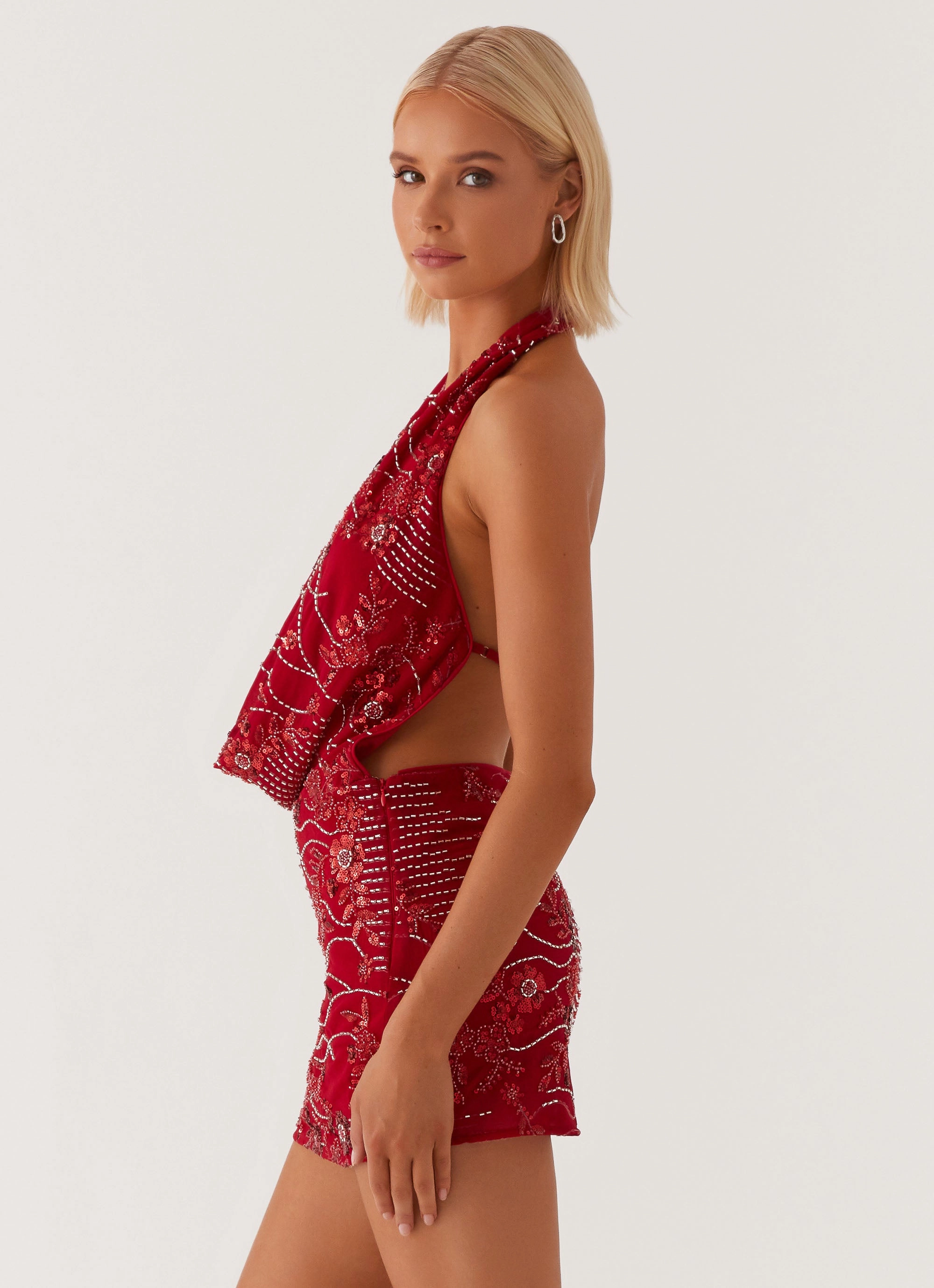 Olisa Cowl Neck Beaded Mini Dress - Red Light Comfort Light Coral