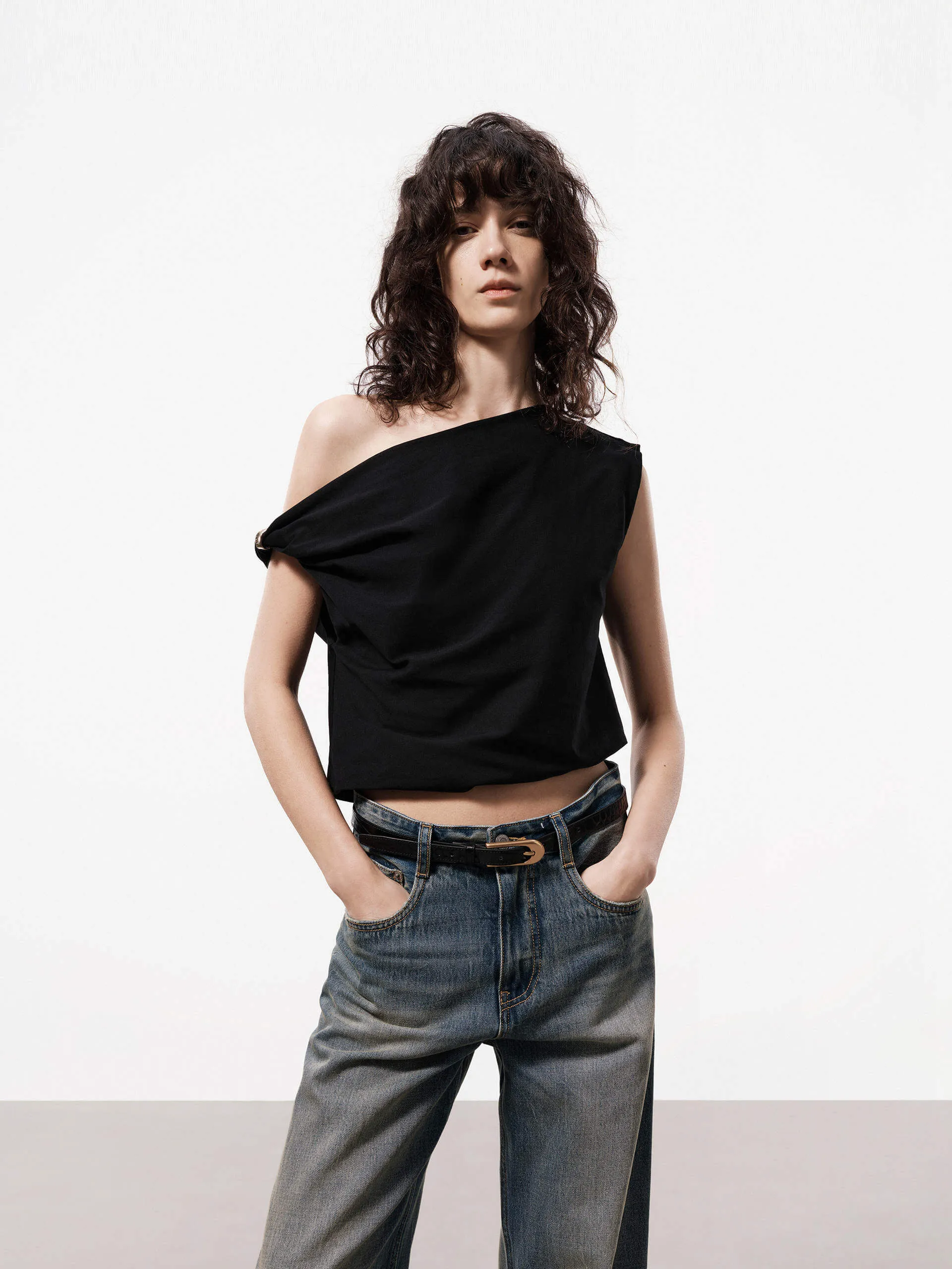 One Shoulder Cotton Top High Density Weave