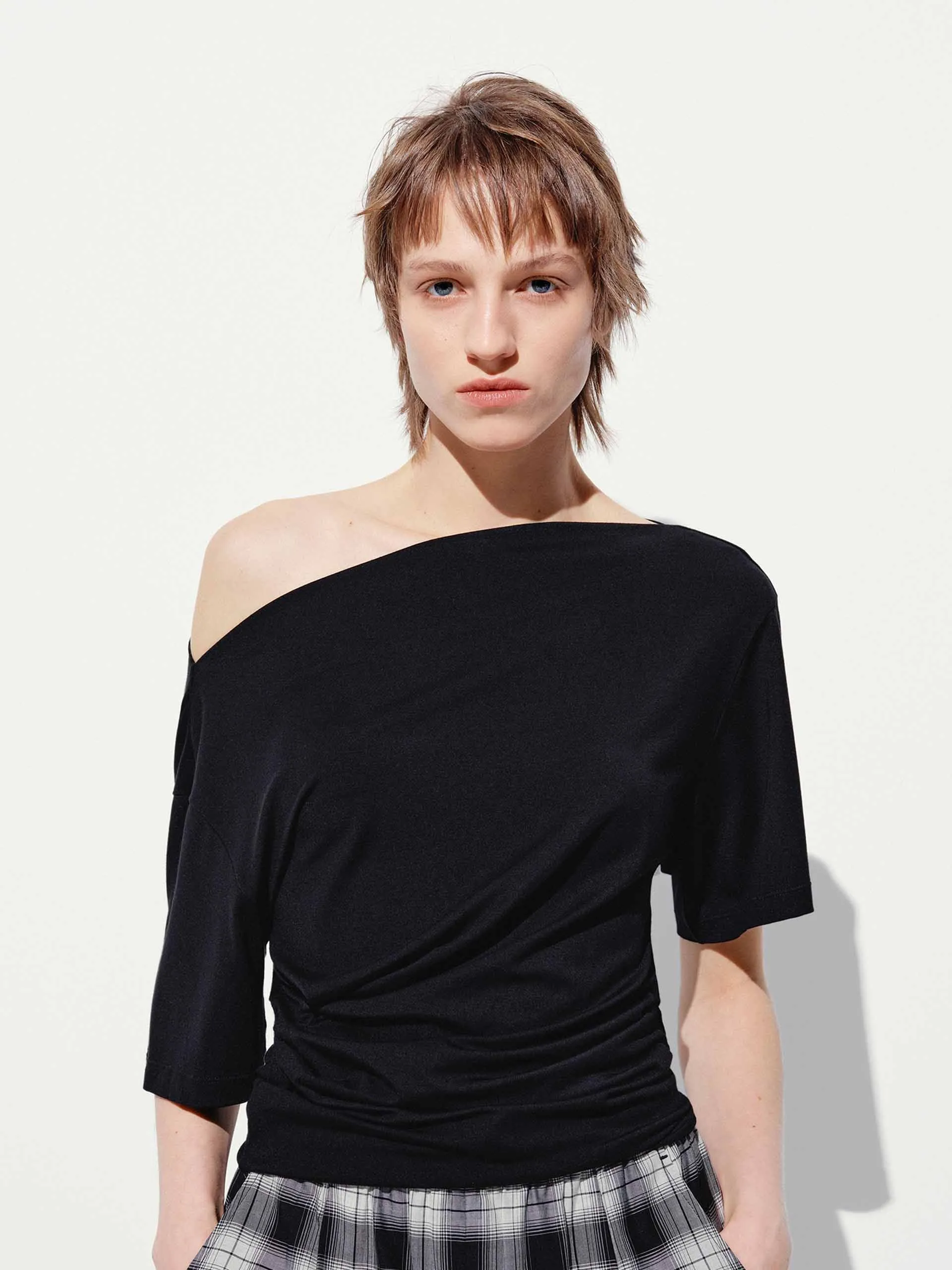 One Shoulder Short Length Blouse Microfiber Material Work Appropriate