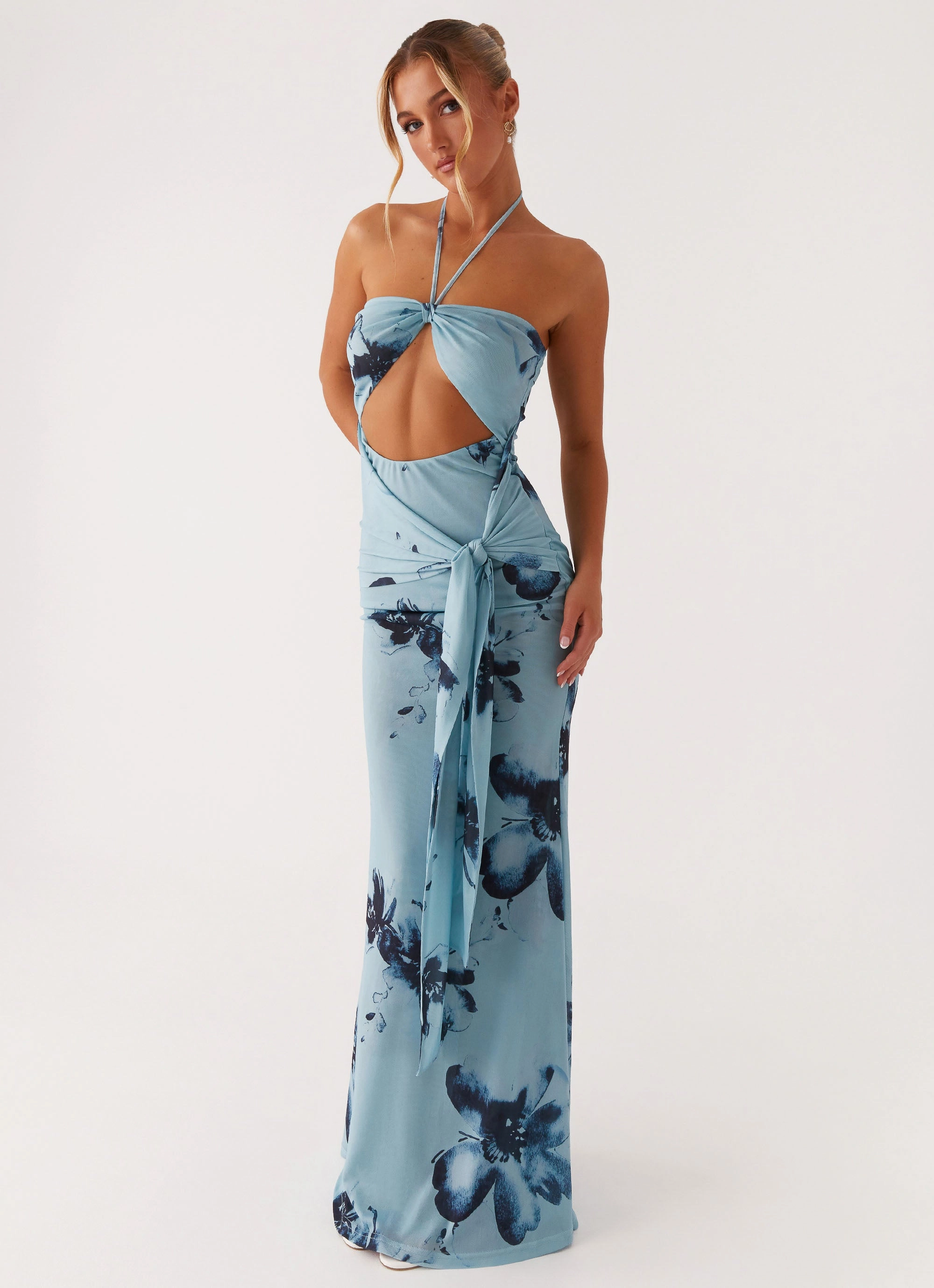 Collared Antonia Maxi Dress - Black Blue Floral