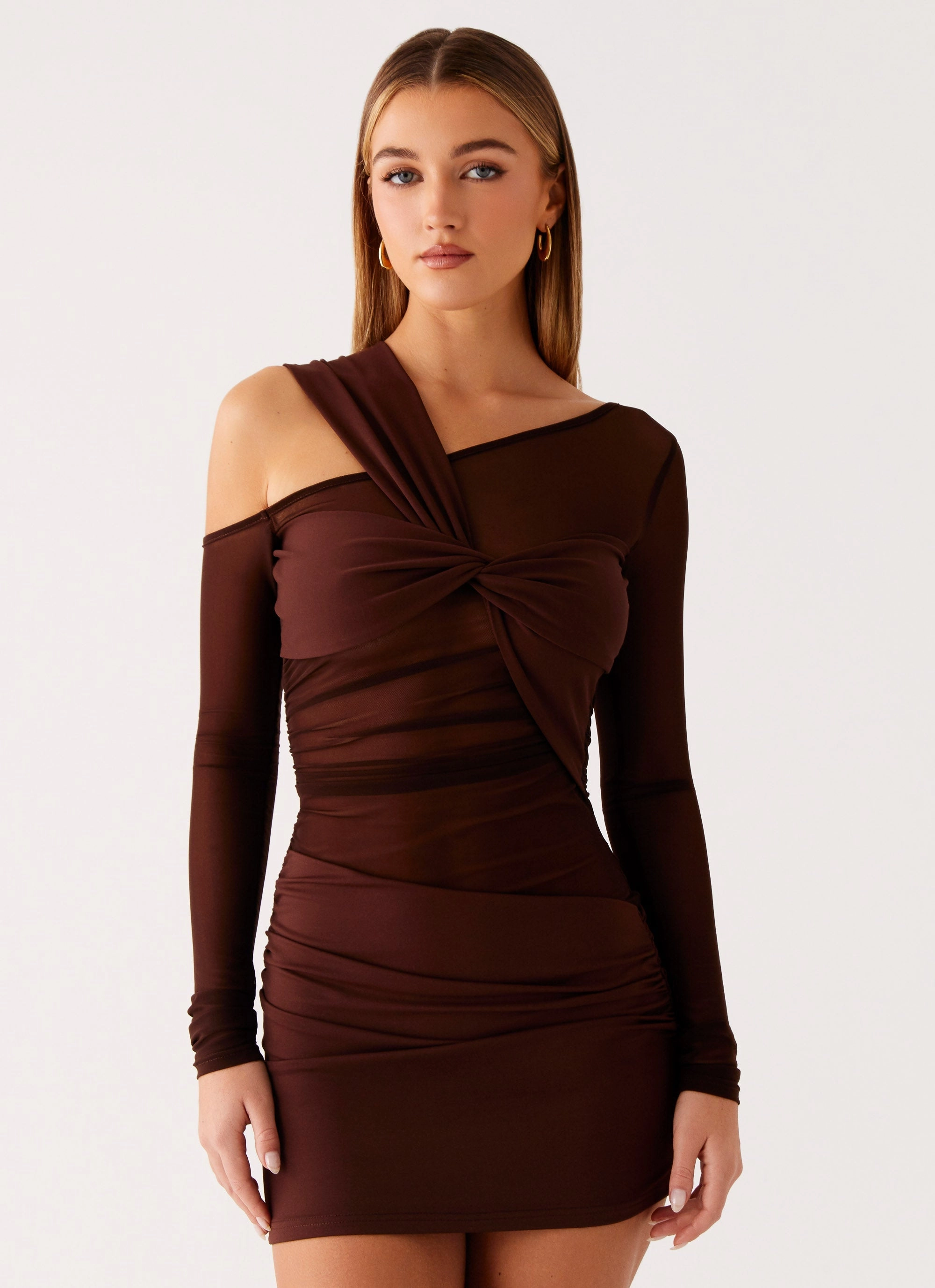 Relaxed Movement Breathable Feel Ophelie Asymmetric Long Sleeve Mini Dress - Chocolate