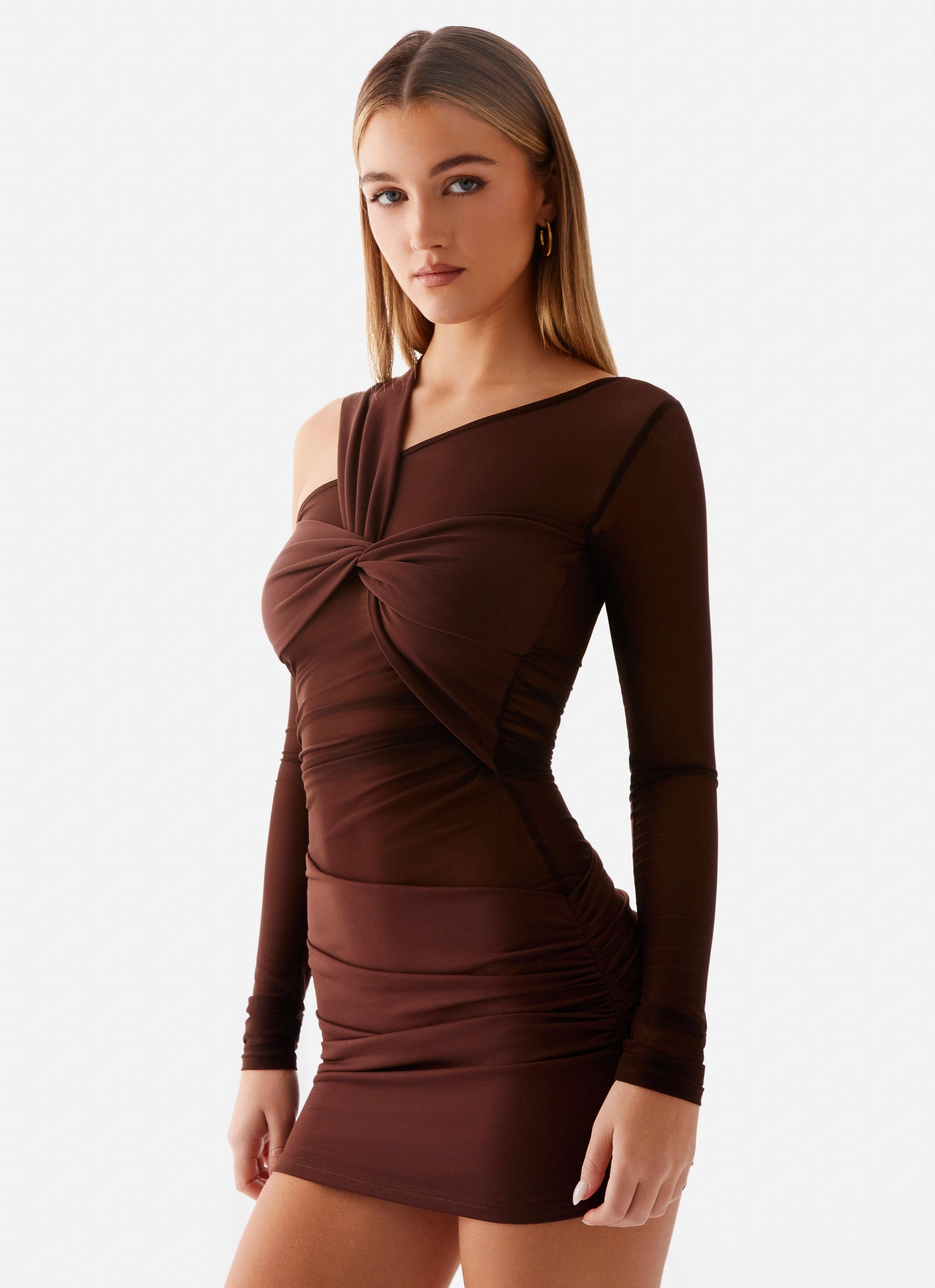 Ophelie Asymmetric Long Sleeve Mini Dress - Chocolate Grab Now