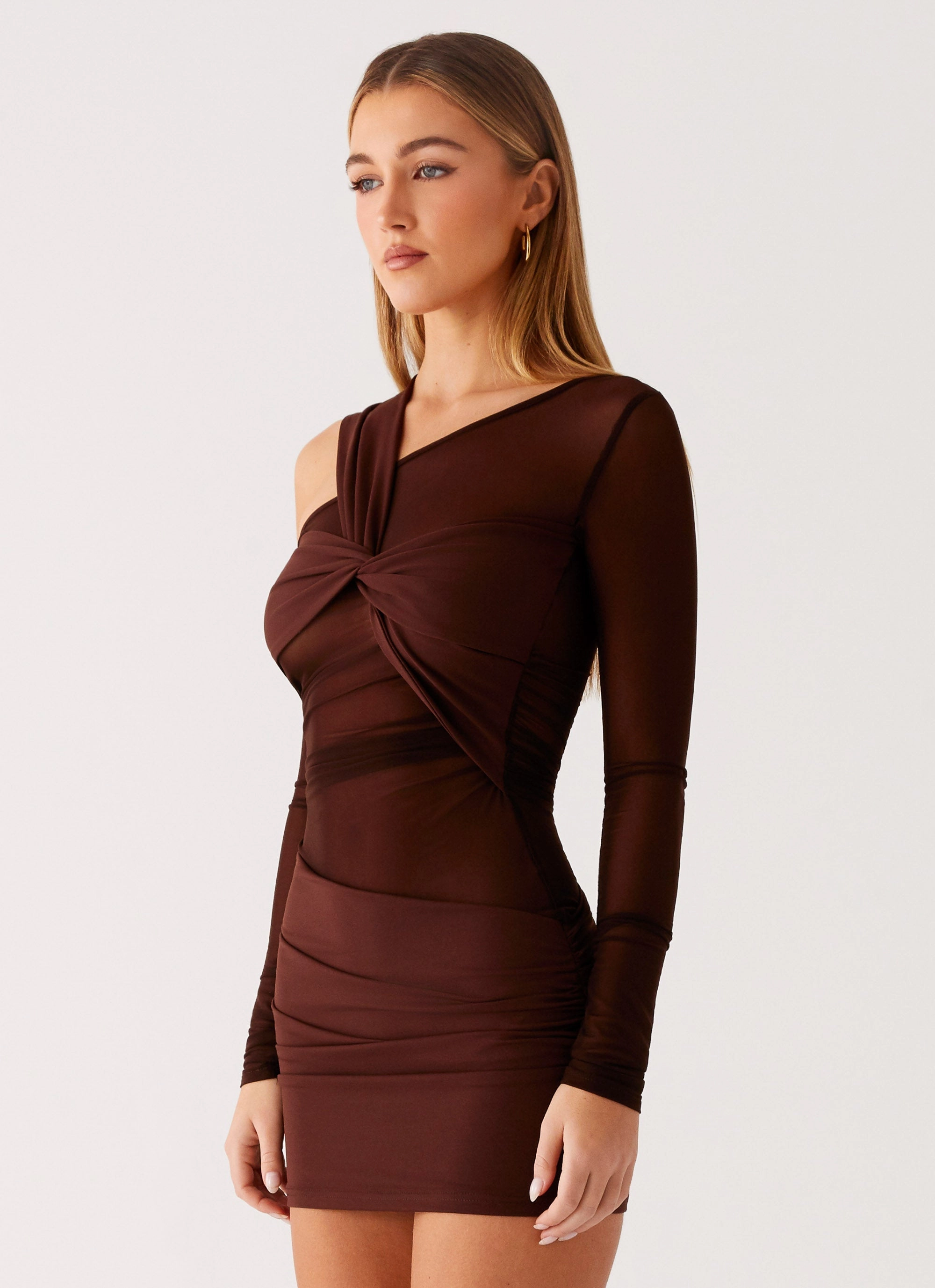 Kimono-Sleeve Ophelie Asymmetric Long Sleeve Mini Dress - Chocolate