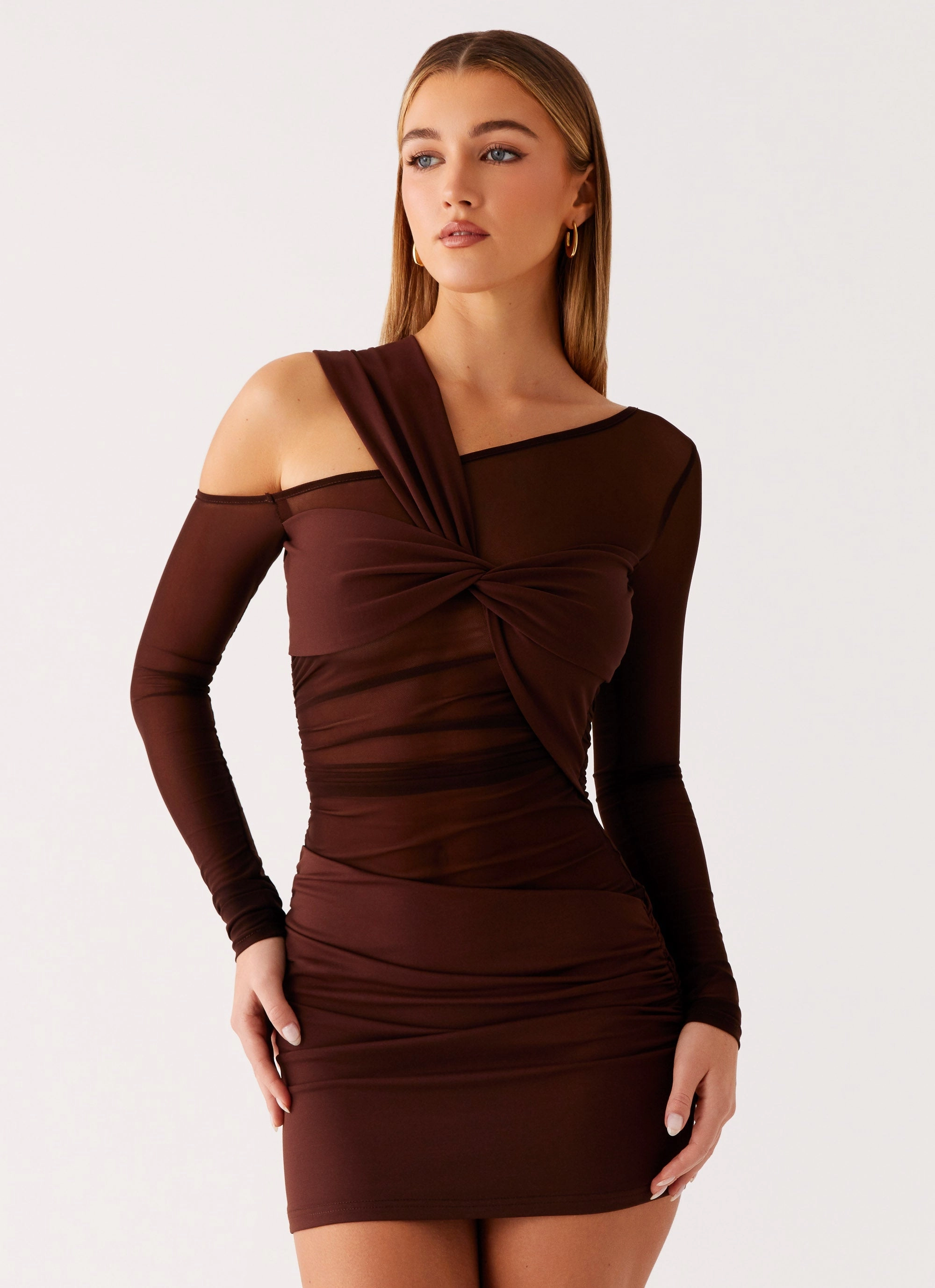 Ophelie Asymmetric Long Sleeve Mini Dress - Chocolate Layer Light