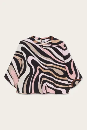 Classic Color Yoke Design Marmo Cape Sleeve Blouse