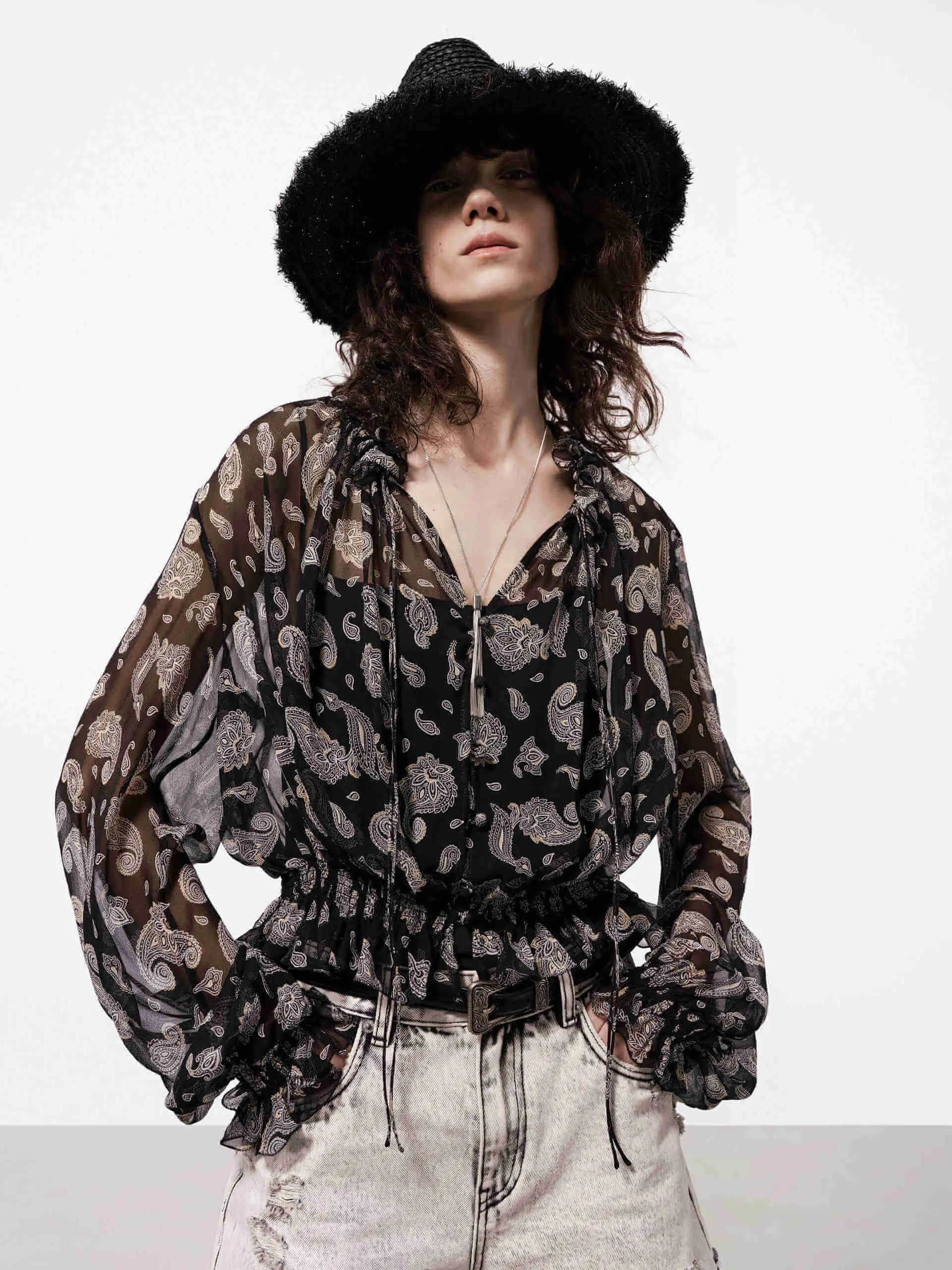 high-low hem Petite Cut Paisley Print Silk Blouse