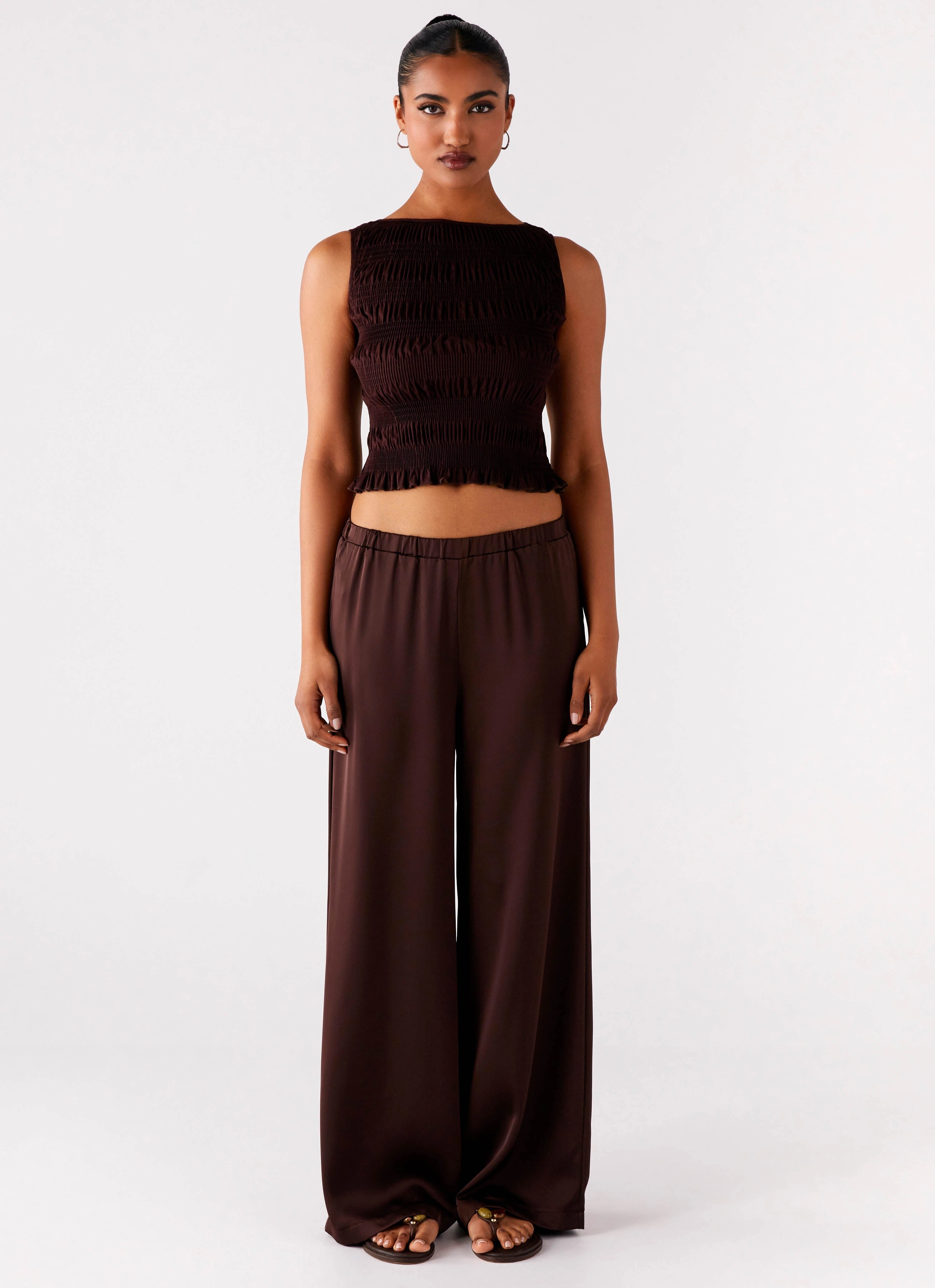 BiasCutSilhouette Palm Cove Satin Pants - Chocolate