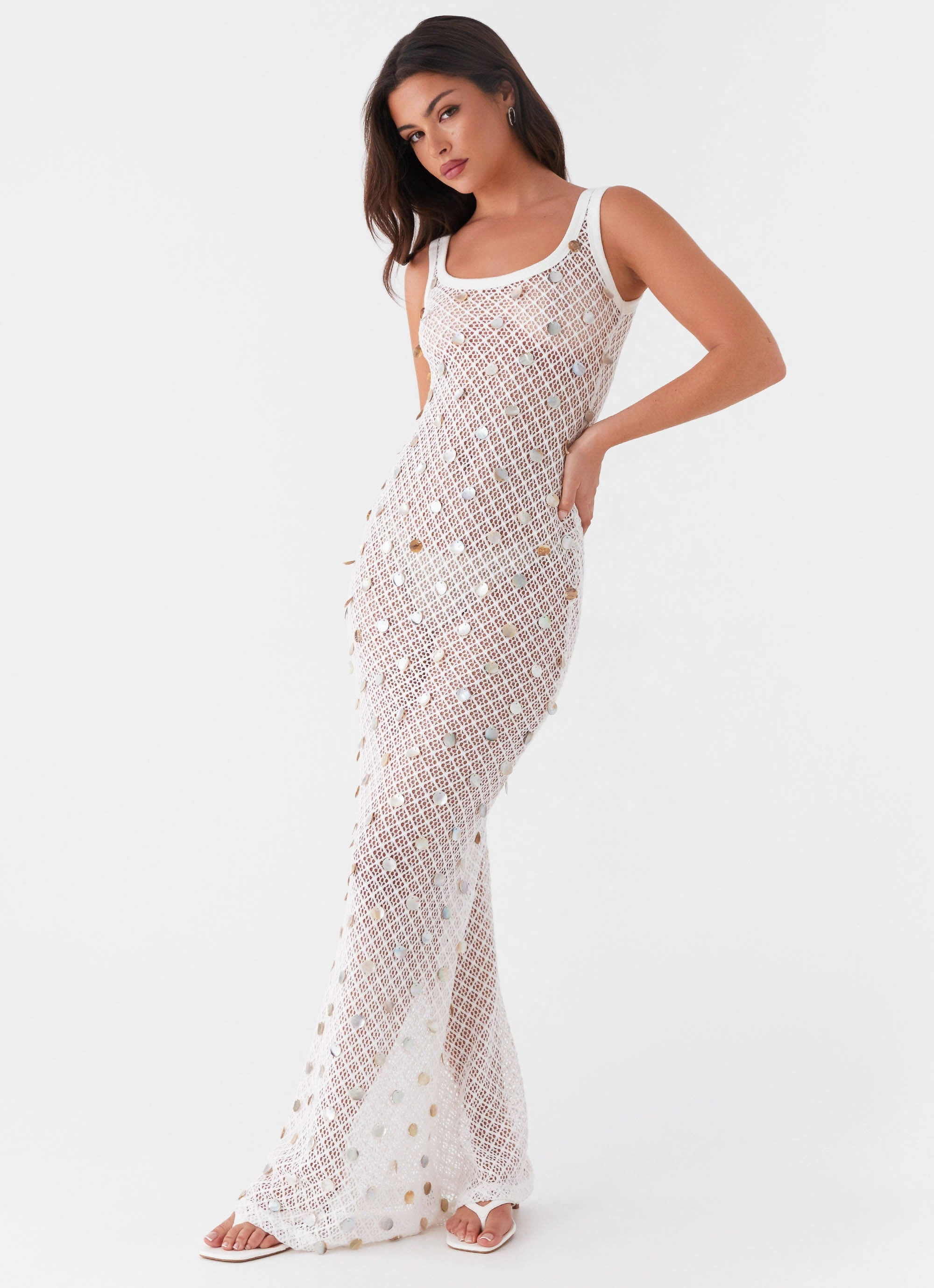 Penida Shell Knit Maxi Dress - White Lace-Edge