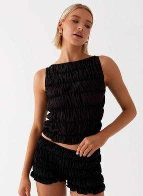 Girls Like Us Ruched Mini Shorts - Black Matte-Lining