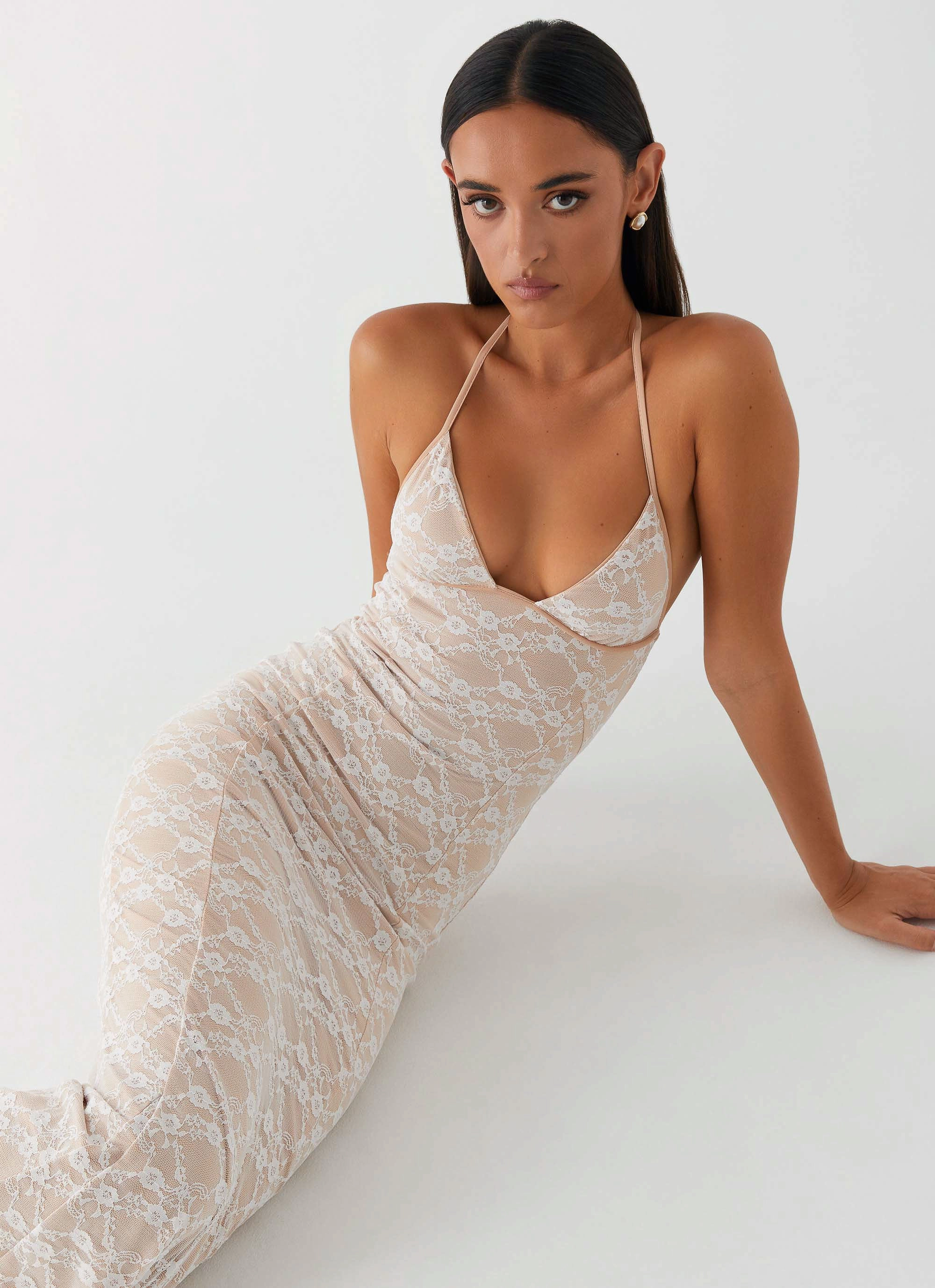 High-Neck Jolina Lace Maxi Dress - White