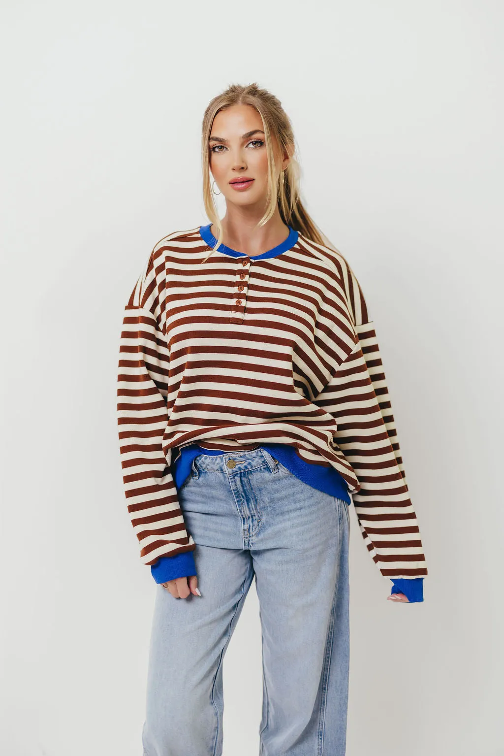 Pierce Striped Henley Pullover in Chocolate Royal Classic Pick VeganFriendly Material