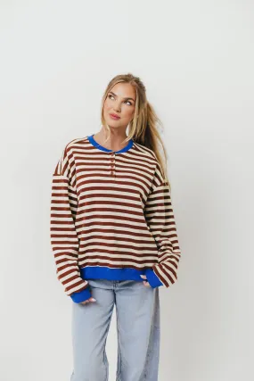 Pierce Striped Henley Pullover in Chocolate Royal Worn In Smart Fit