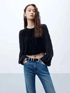 Ballon Sleeves Cropped Top Laser Cut Edge Detail high-low hem