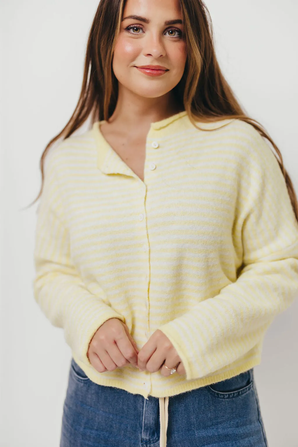 Eco Friendly Dye Flexible Ribbing Piper Mini Stripes Cardigan in Butter