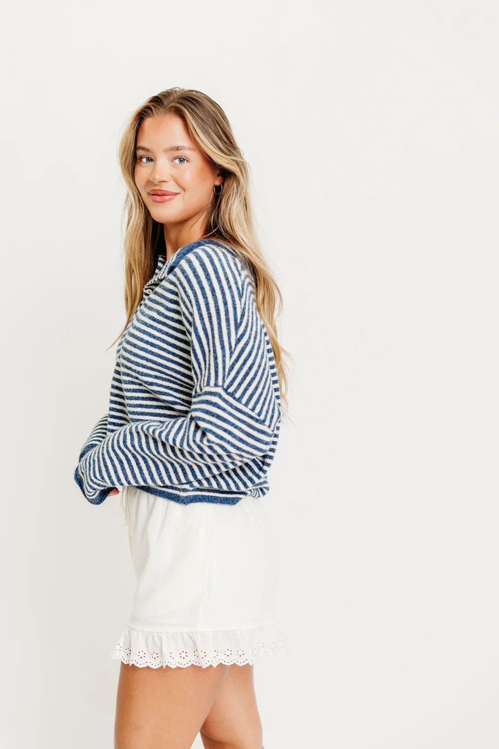 Piper Mini Stripes Cardigan in Denim Layered Stitch Details