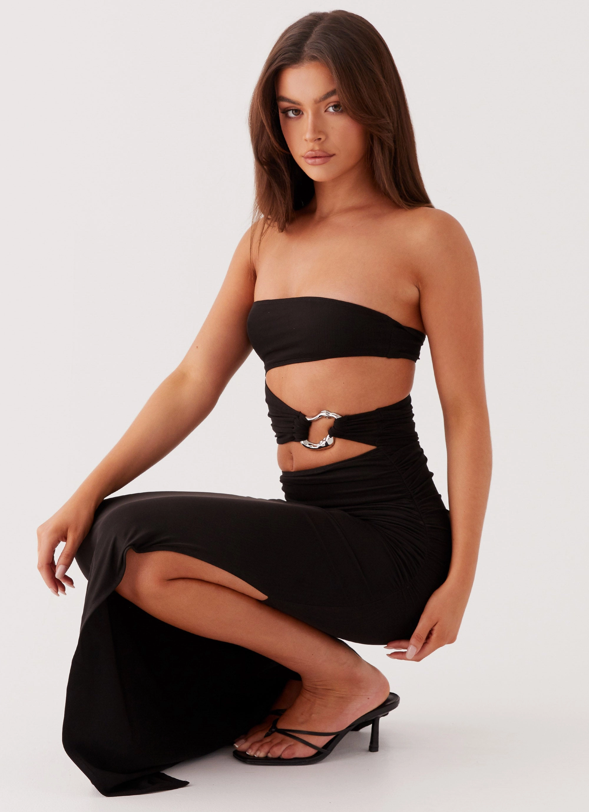 Front-Slit Into Pieces Mesh Maxi Dress - Black