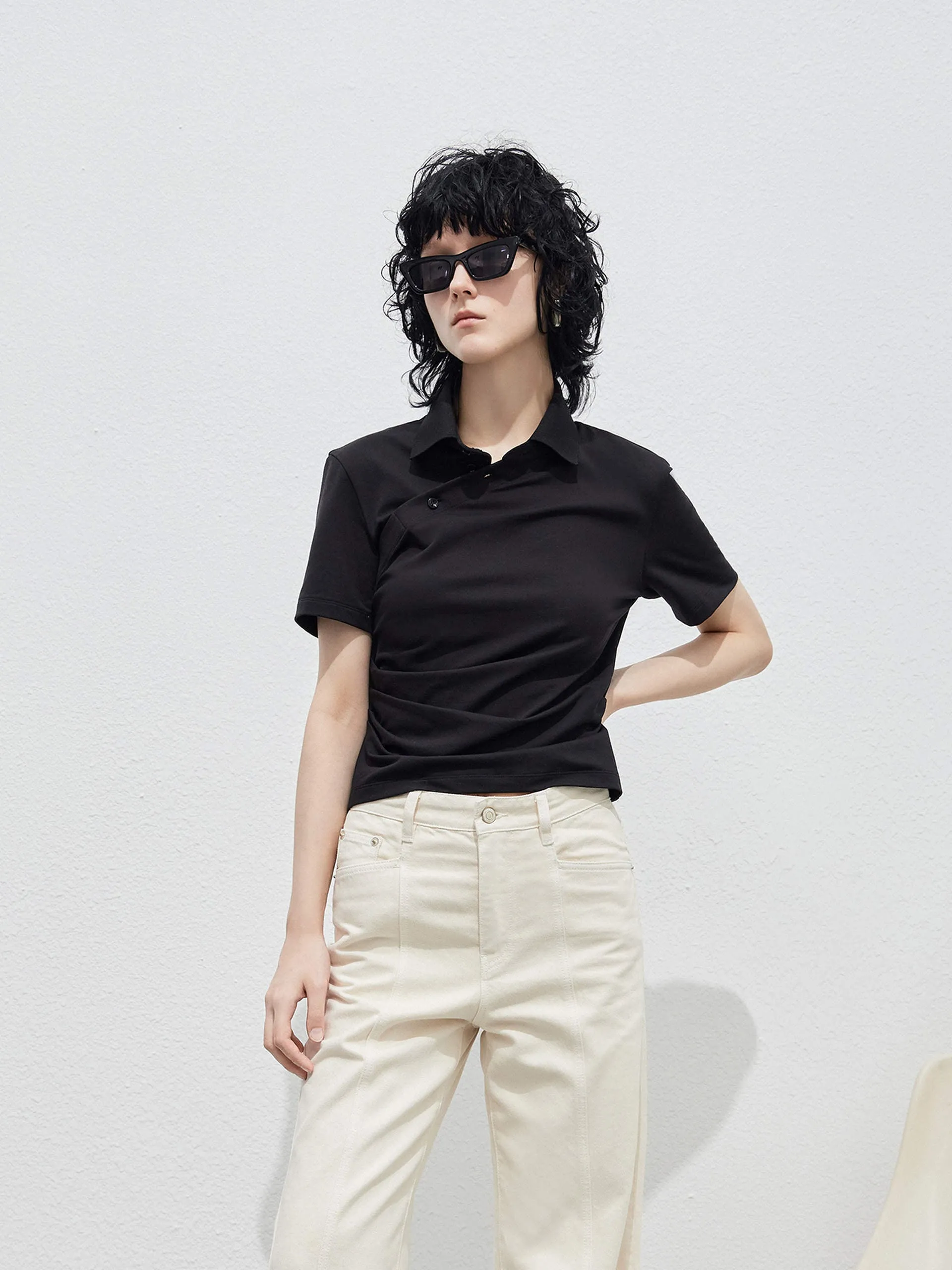 Pleated Slanted Placket Top Stylish Element Neutral Colors