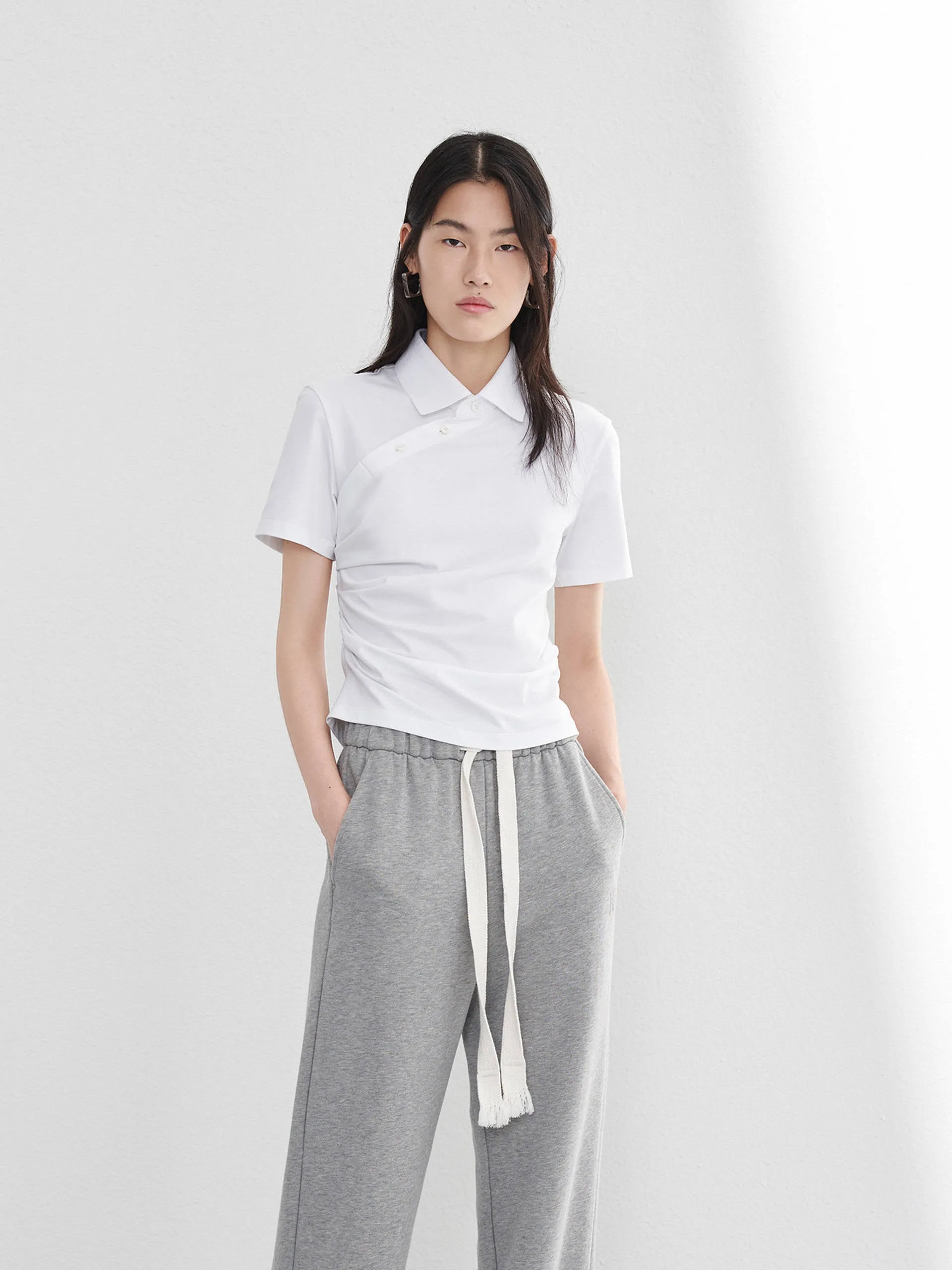 Polished Style Pleated Slanted Placket Top