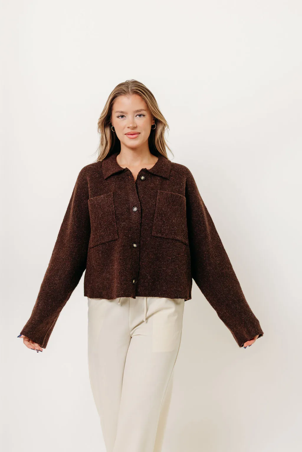 Monica Collared Button-Down Sweater in Brown Core Style