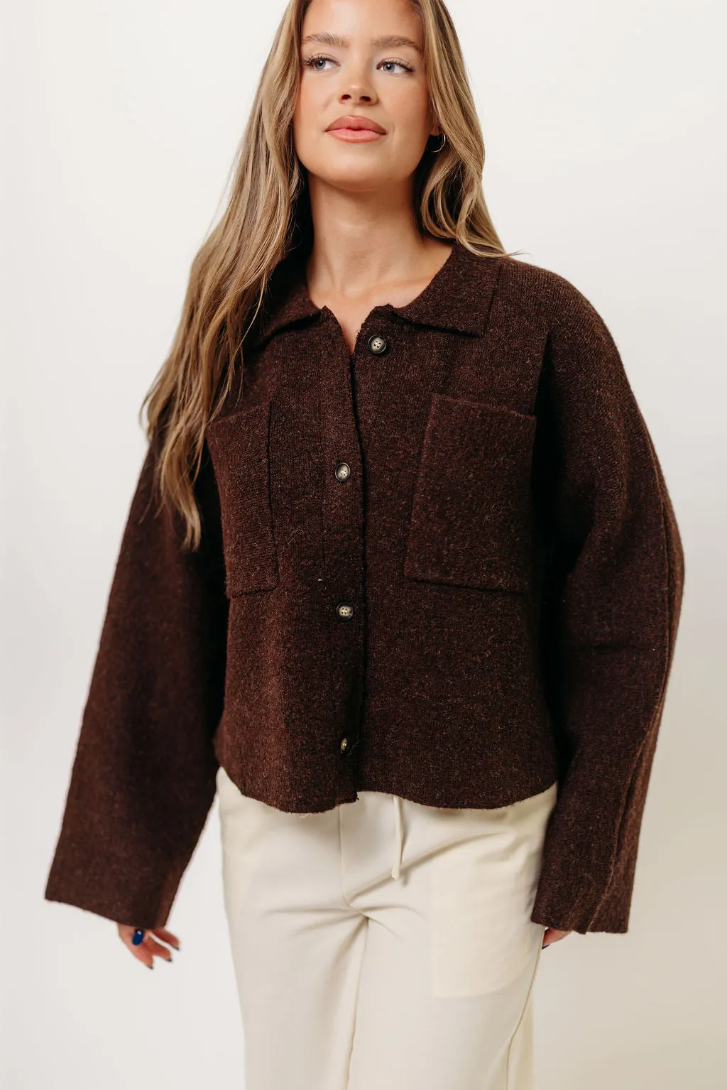 Monica Collared Button-Down Sweater in Brown LowImpact Dye