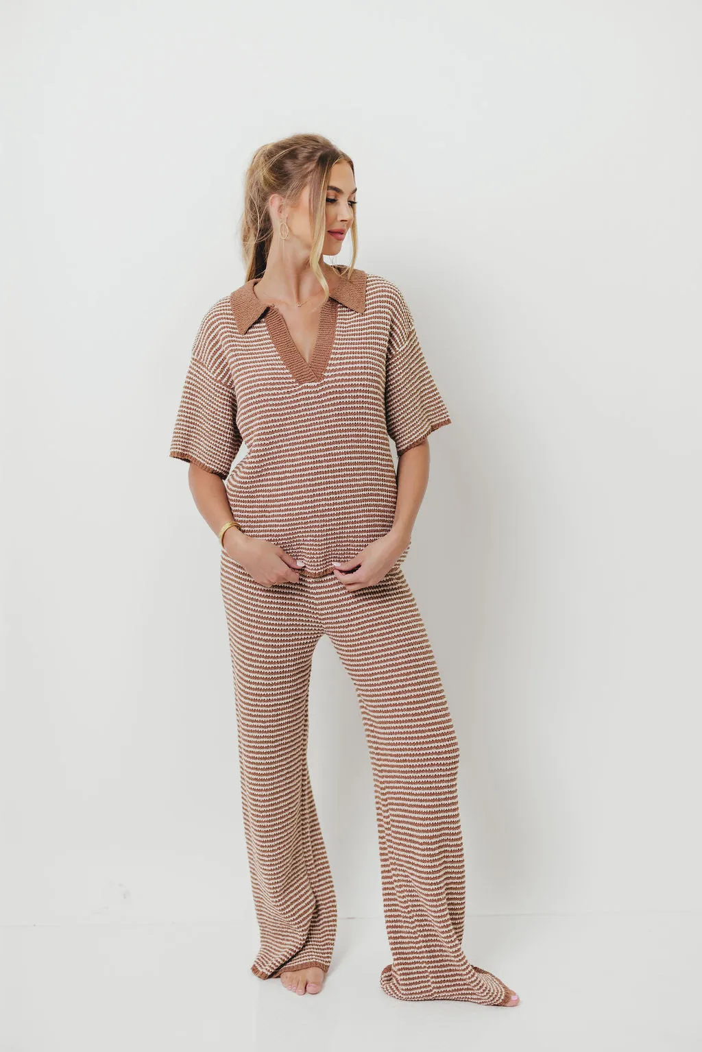 Warm Outfit Torrance Short Sleeve Sweater Top and Pants Set in Mocha Cream