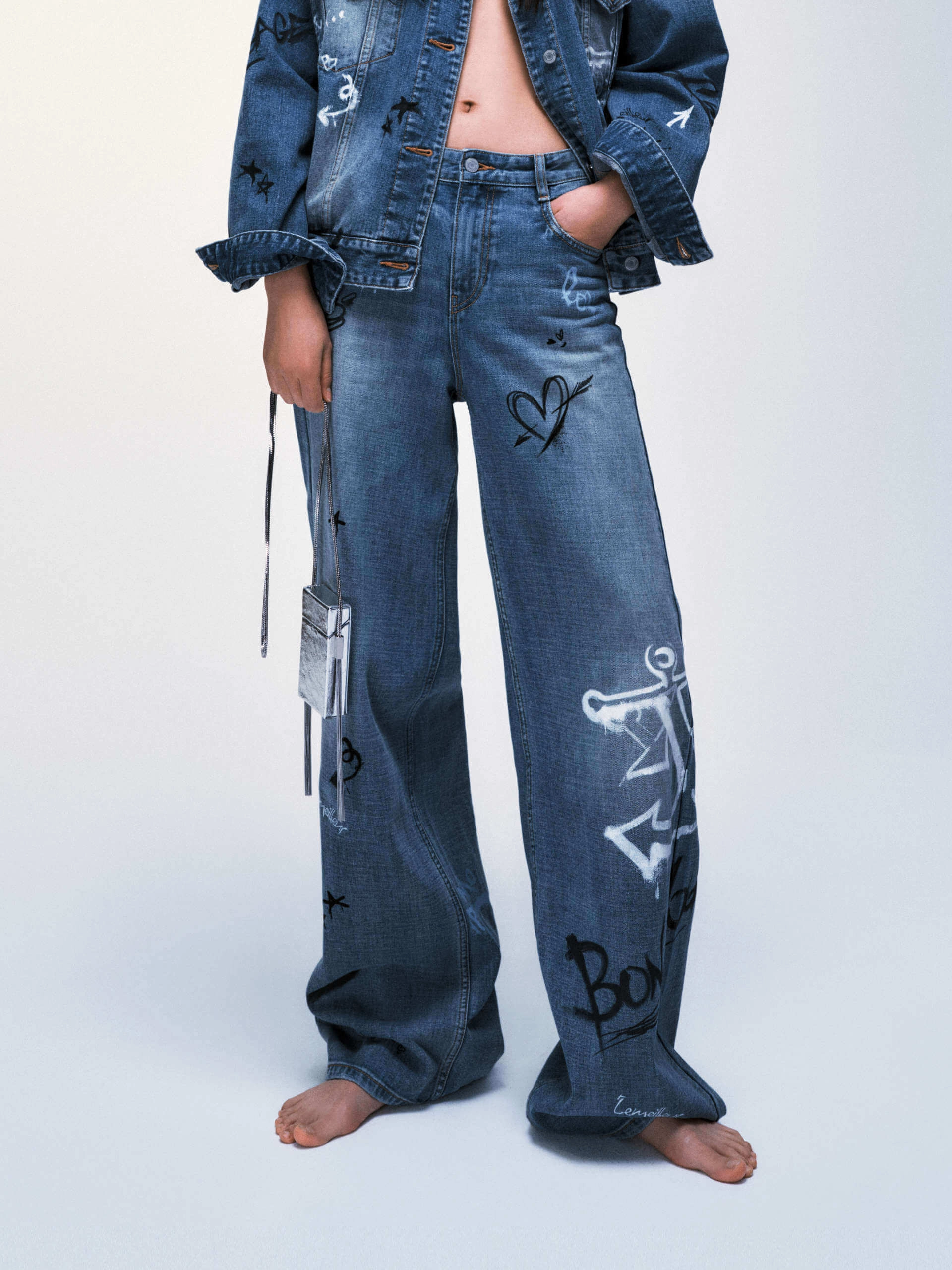 Graffiti Detail Straight Jeans Travel Outfit Music Event Fresh Attire