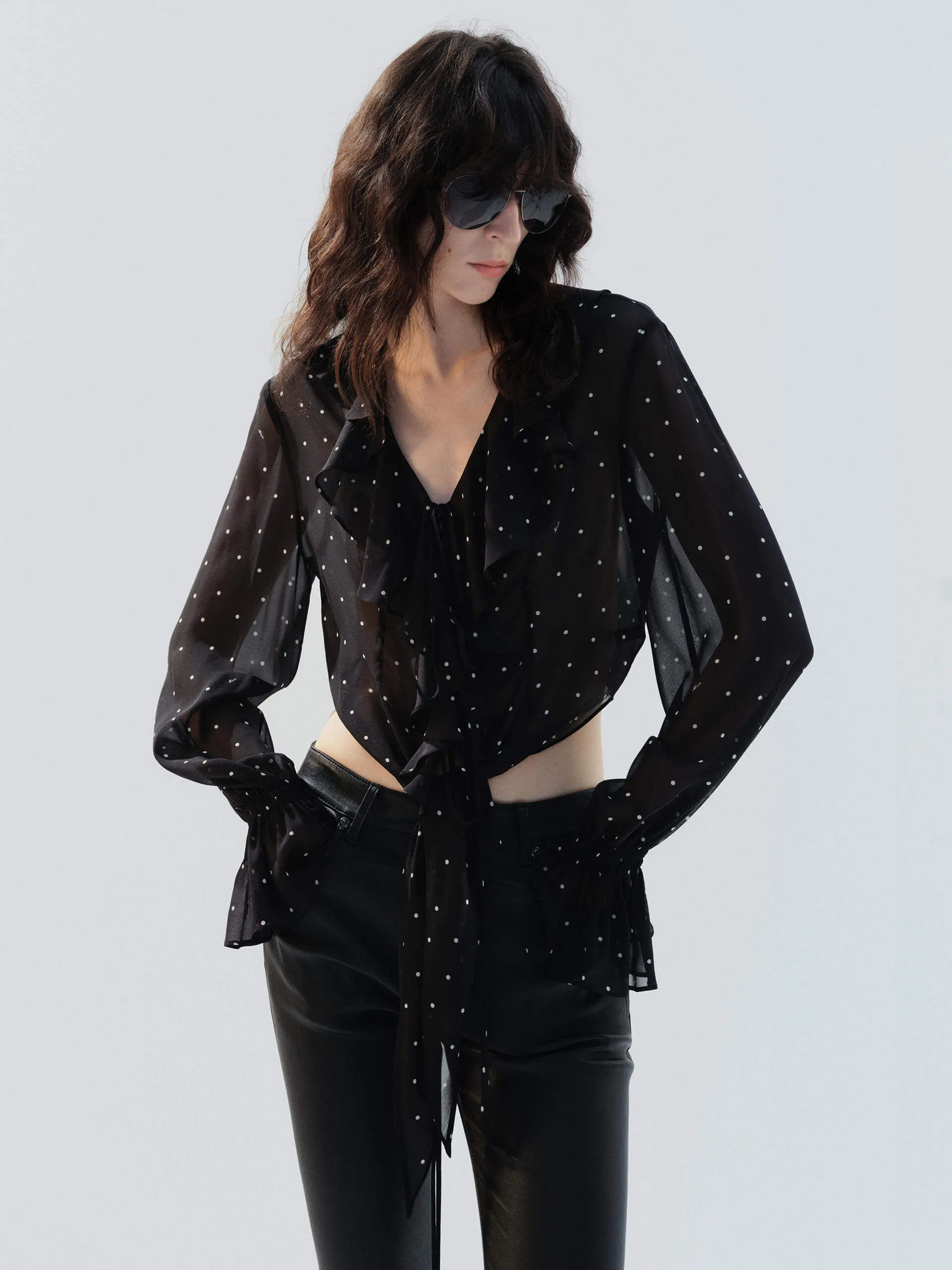 Pocket Detailing Work From Home Polka-dot Ruffle Blouse